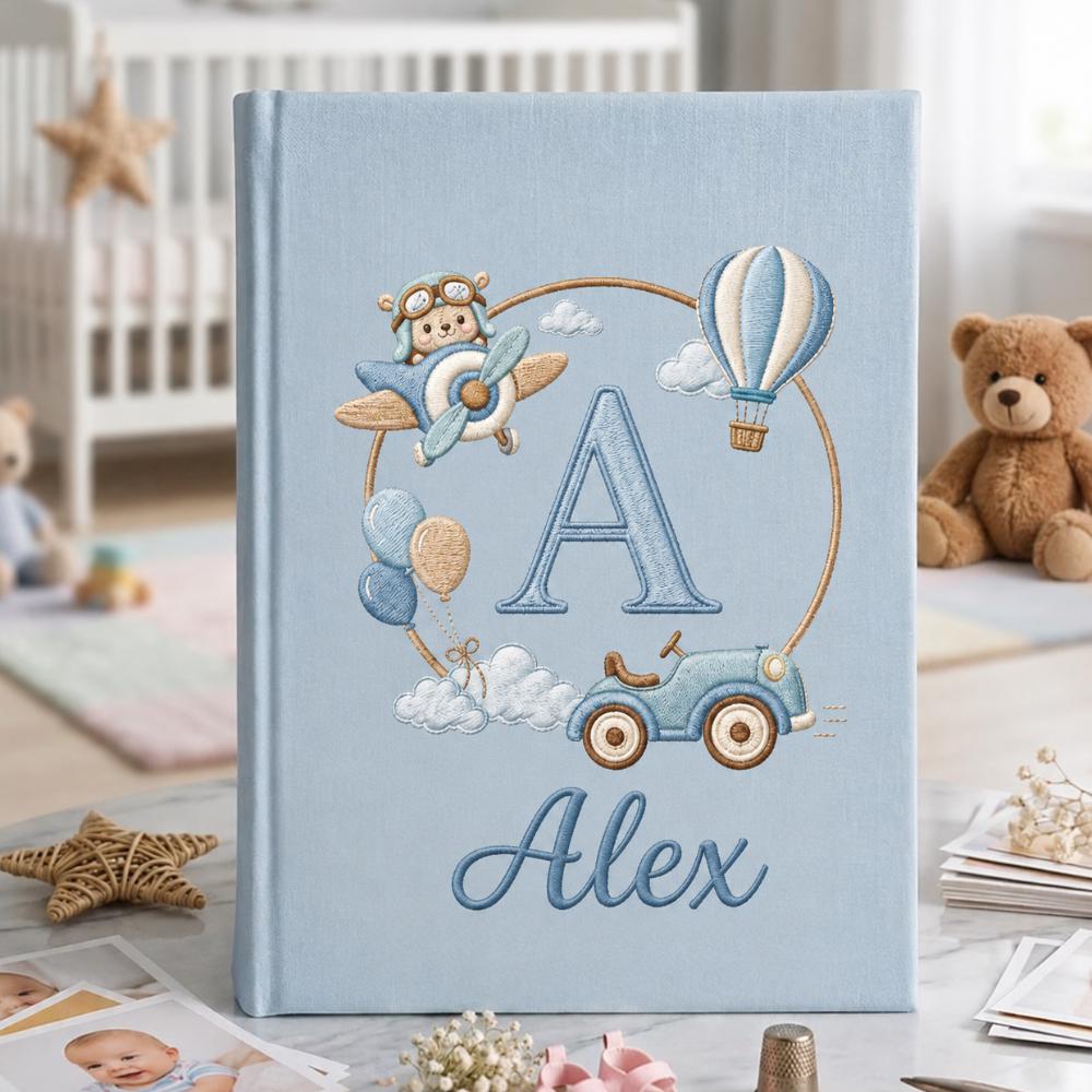 Airplane Embroidered Baby Photo Album – Personalized Newborn Memory Book Airplane Embroidered Baby Photo Album – Personalized Newborn Memory Book