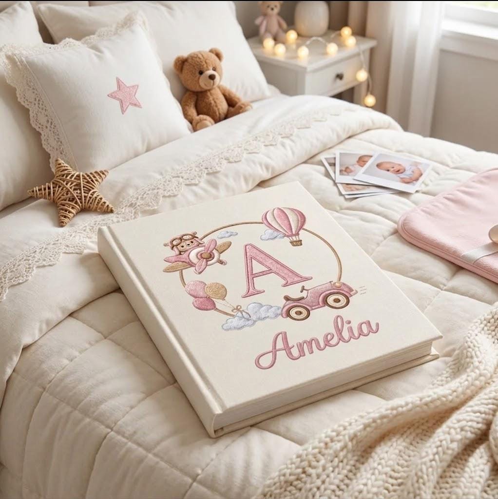 Airplane Embroidered Baby Photo Album – Personalized Newborn Memory Book