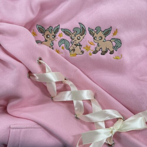 Embroidery Leafon PKM Ribbon Sweatshirt Eve Evolution Grass Autumn Leaf Anime Hoodie Trendy Coquette Bow Gift For Fan photo review