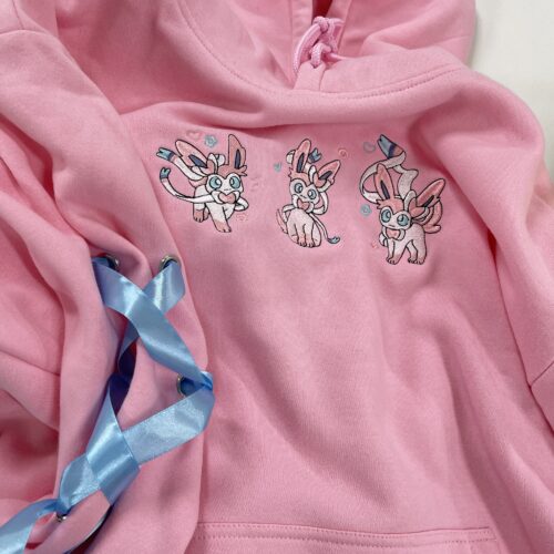 Embroidery Syveon PKM Ribbon Sweatshirt Eve Evolution Fairy Cute Charm Anime Hoodie Trendy Coquette Bow Gift For Fan photo review