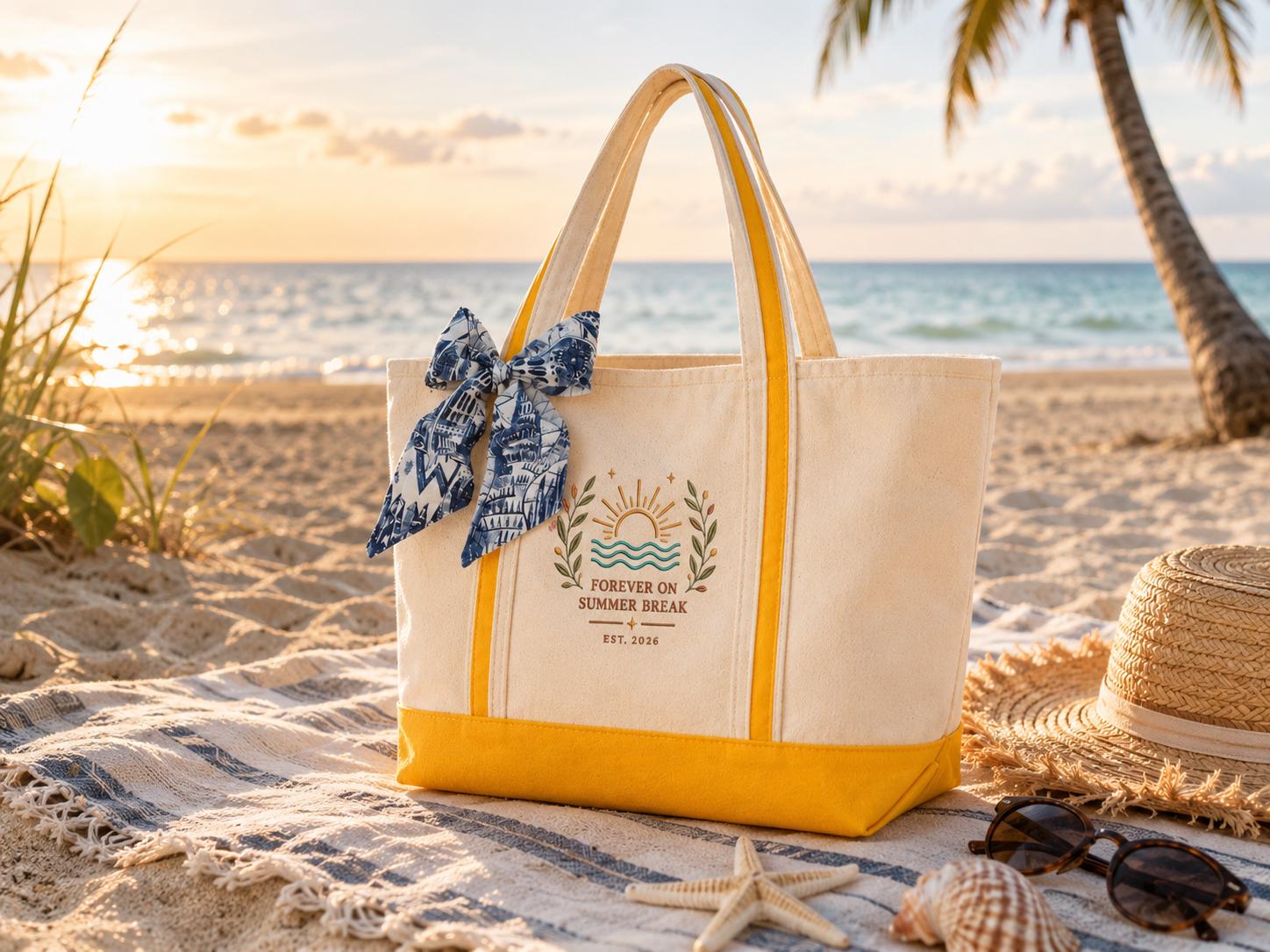 Forever on Summer Break Embroidered Canvas Tote Bag – Retirement Gift for Her Est. 2026