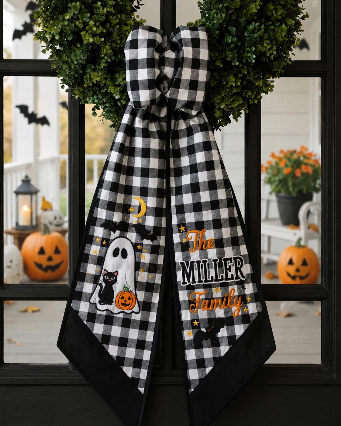 Halloween Ghost Wreath Sash – Custom Family Name Black Cat Pumpkin Door Decor