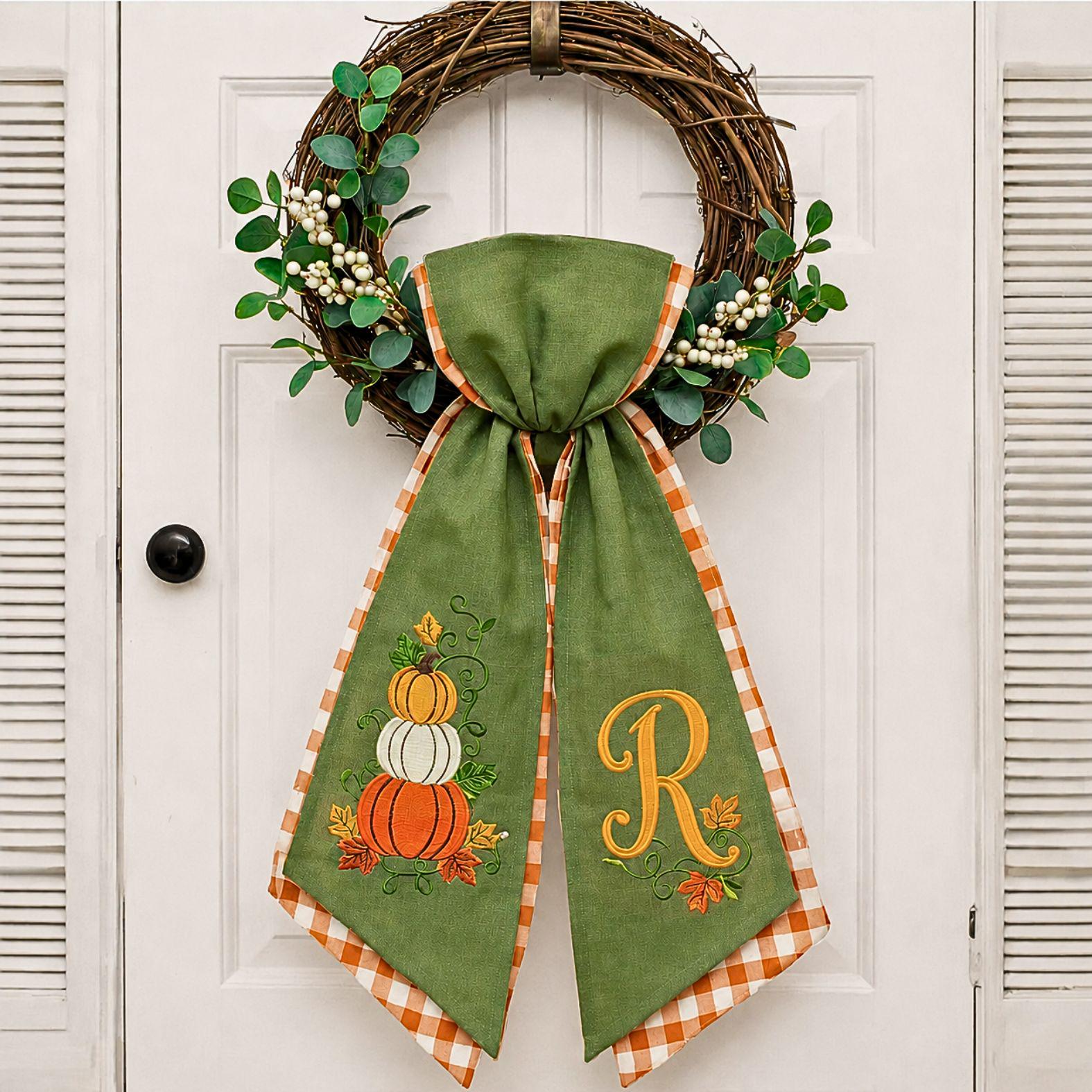 Autumn Pumpkin Wreath Sash – Custom Initial Ribbon Thanksgiving Door Decor