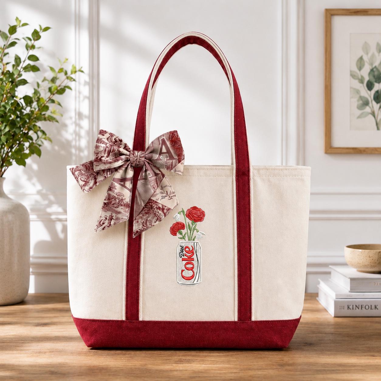 Personalized Birth Flower Diet Coke Embroidered Tote Bag – Custom Floral Canvas Gift for Soda Lover