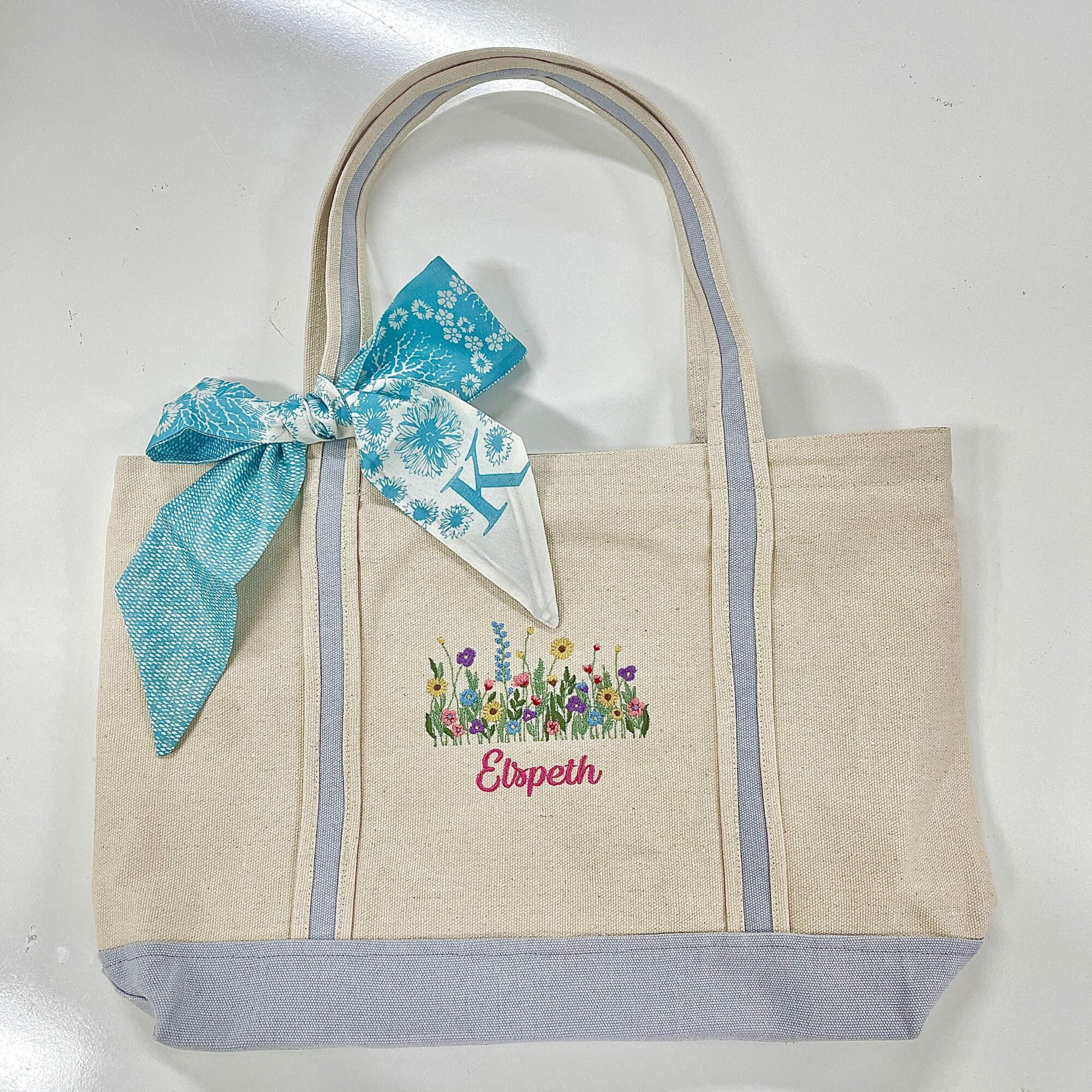 Personalized Wildflower Embroidered Tote Bag, Custom Name Canvas Boat Tote, Floral Monogram Handbag, AestheticBohoBag, Botanical Tote