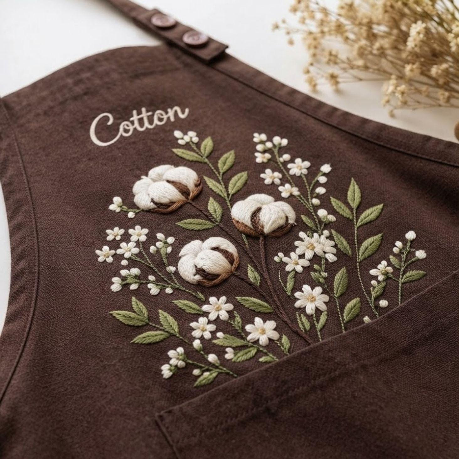 Cotton Baby’s Breath Harvest Embroidered Linen Apron – Custom Name Garden Apron