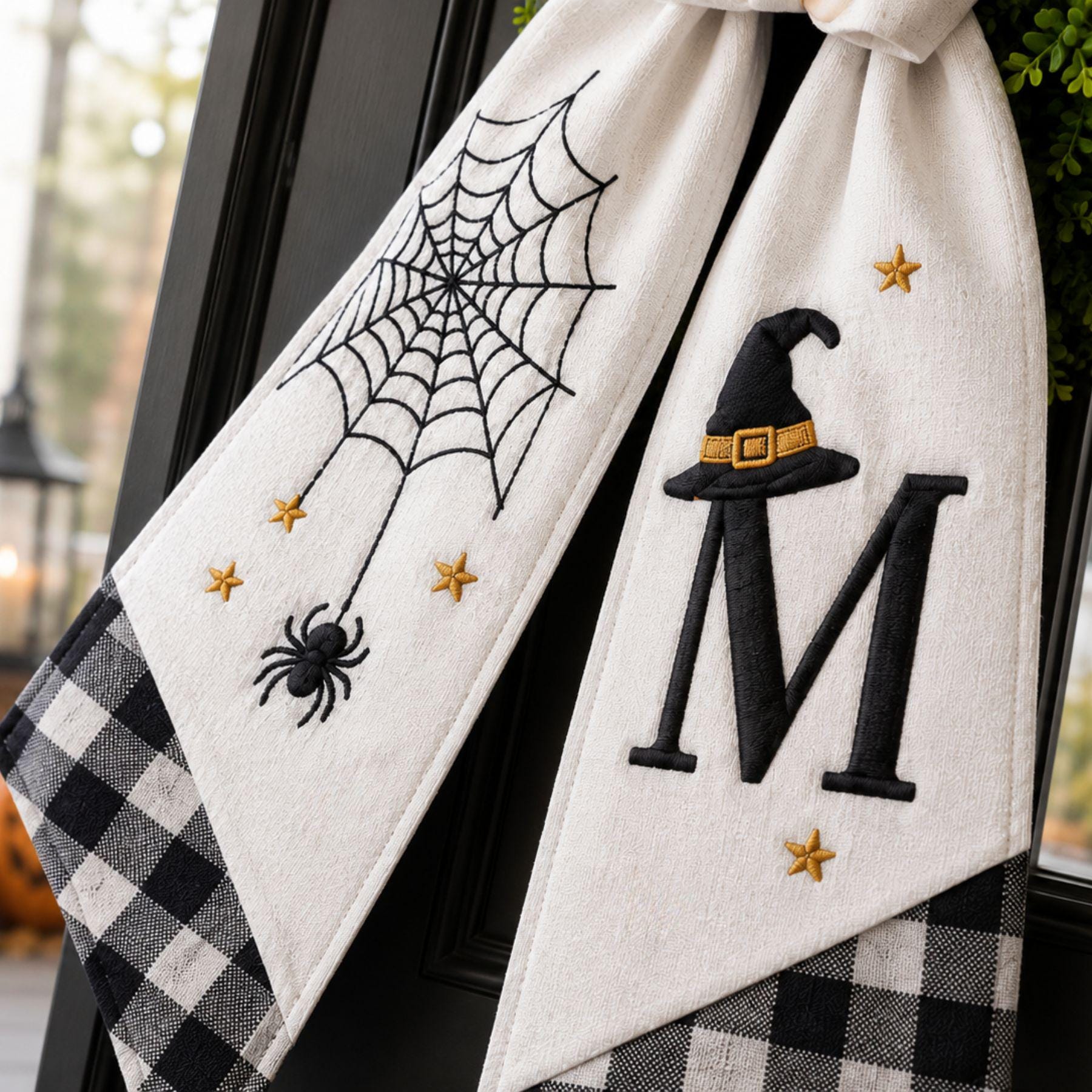 Halloween Spider Web Wreath Sash – Custom Initial Witch Hat Fall Door Decor