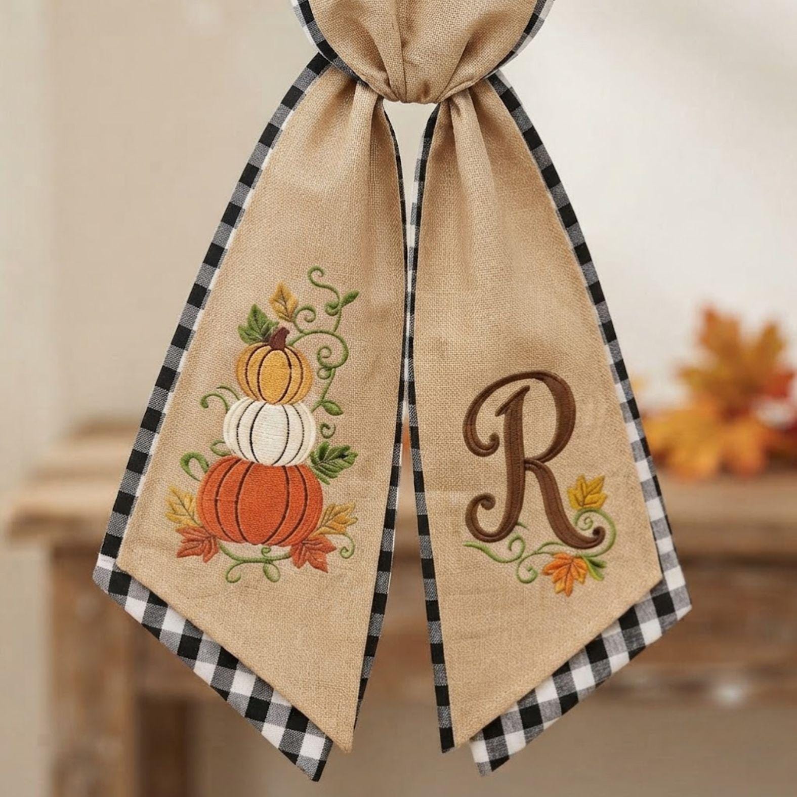 Autumn Pumpkin Wreath Sash – Custom Initial Ribbon Thanksgiving Door Decor