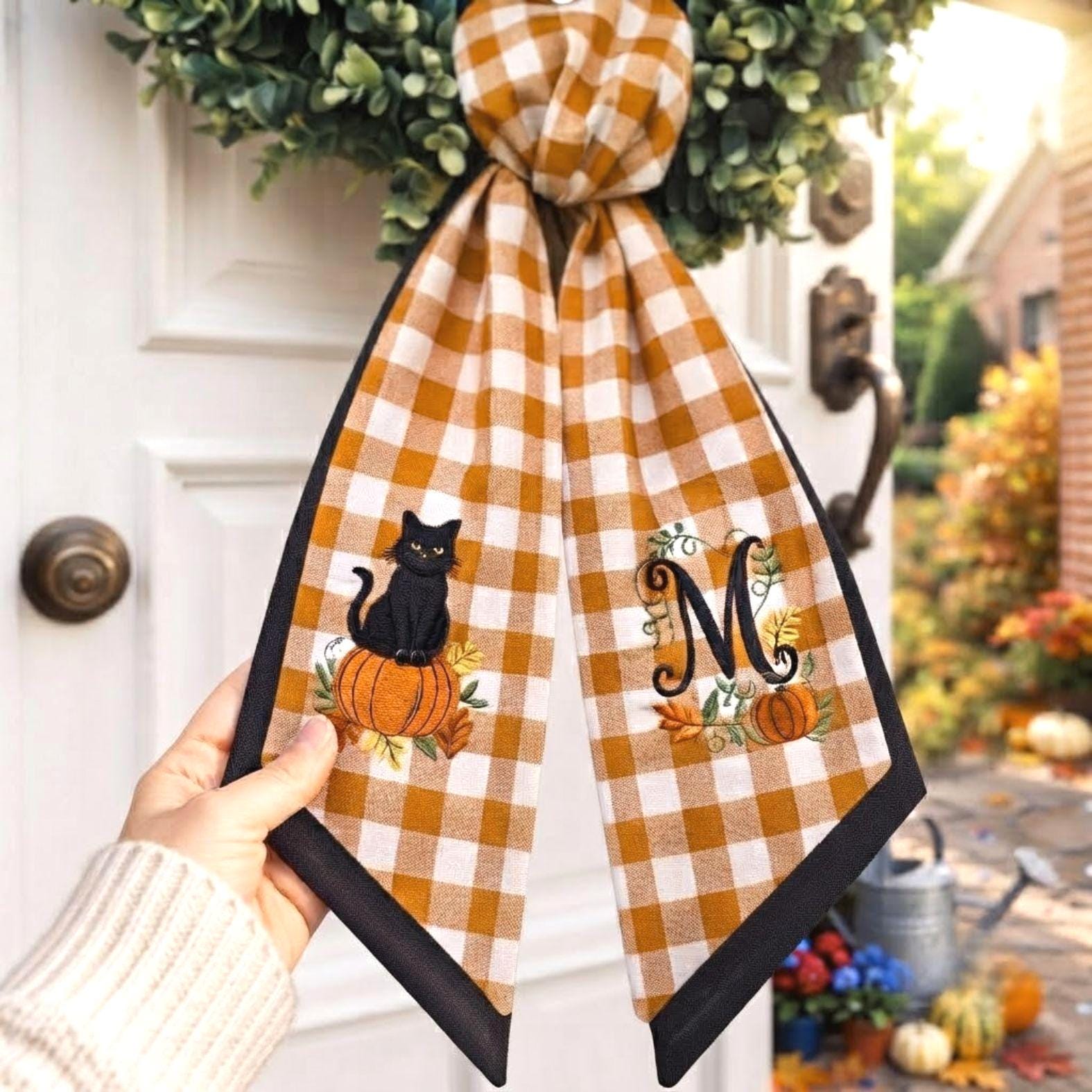 Black Cat Autumn Pumpkin Wreath Sash – Custom Initial Ribbon Fall Door Decor