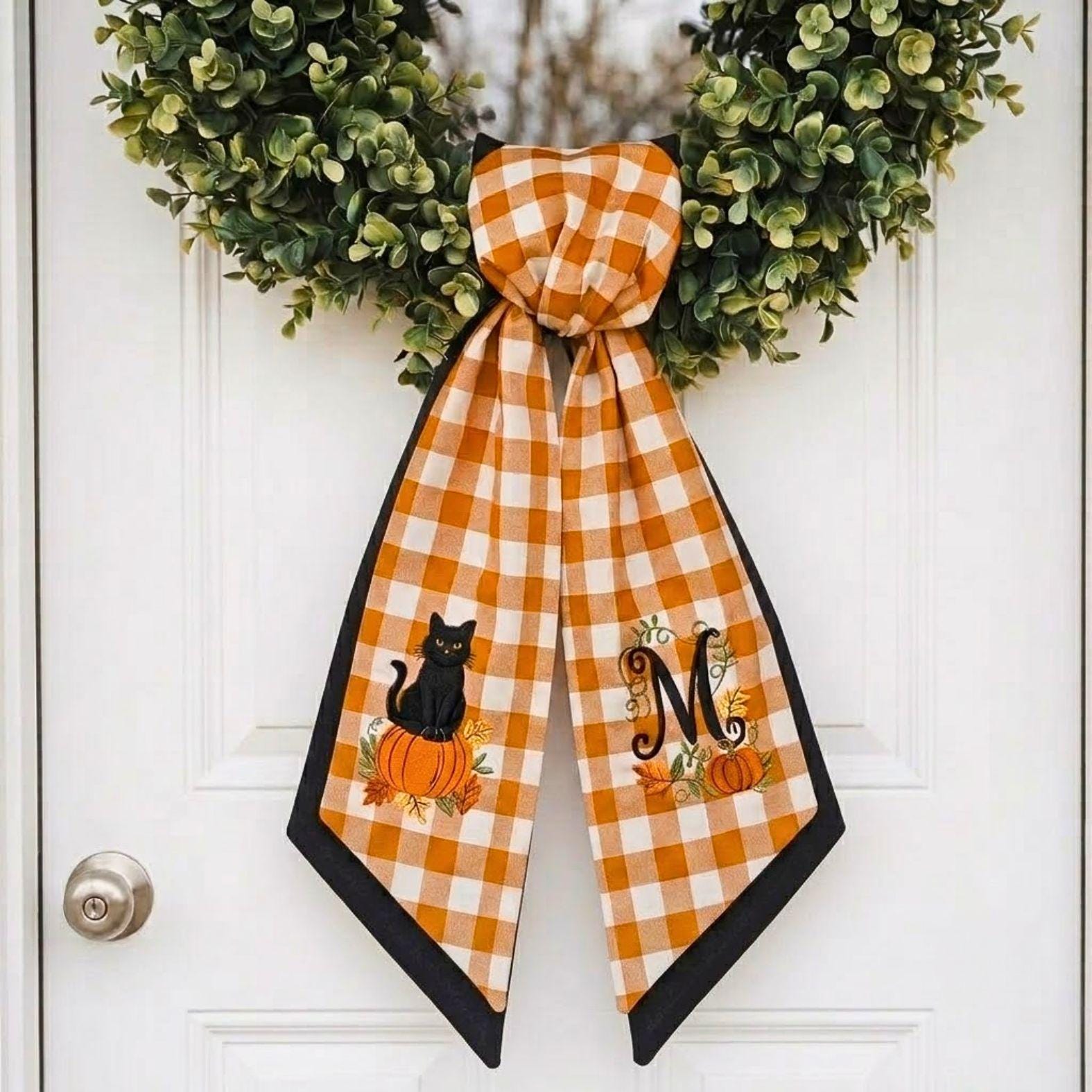 Black Cat Autumn Pumpkin Wreath Sash – Custom Initial Ribbon Fall Door Decor