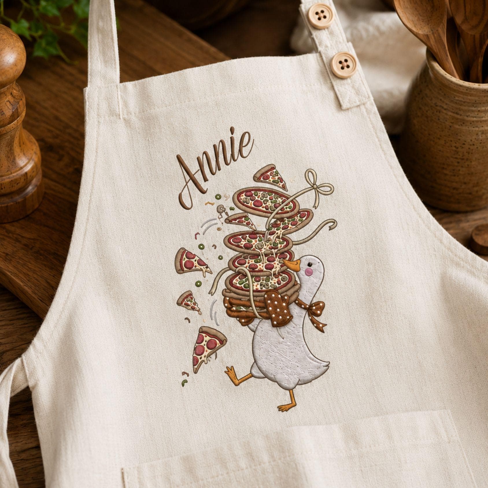 Pizza Cooking Embroidered Linen Apron – Custom Name Silly Goose Design