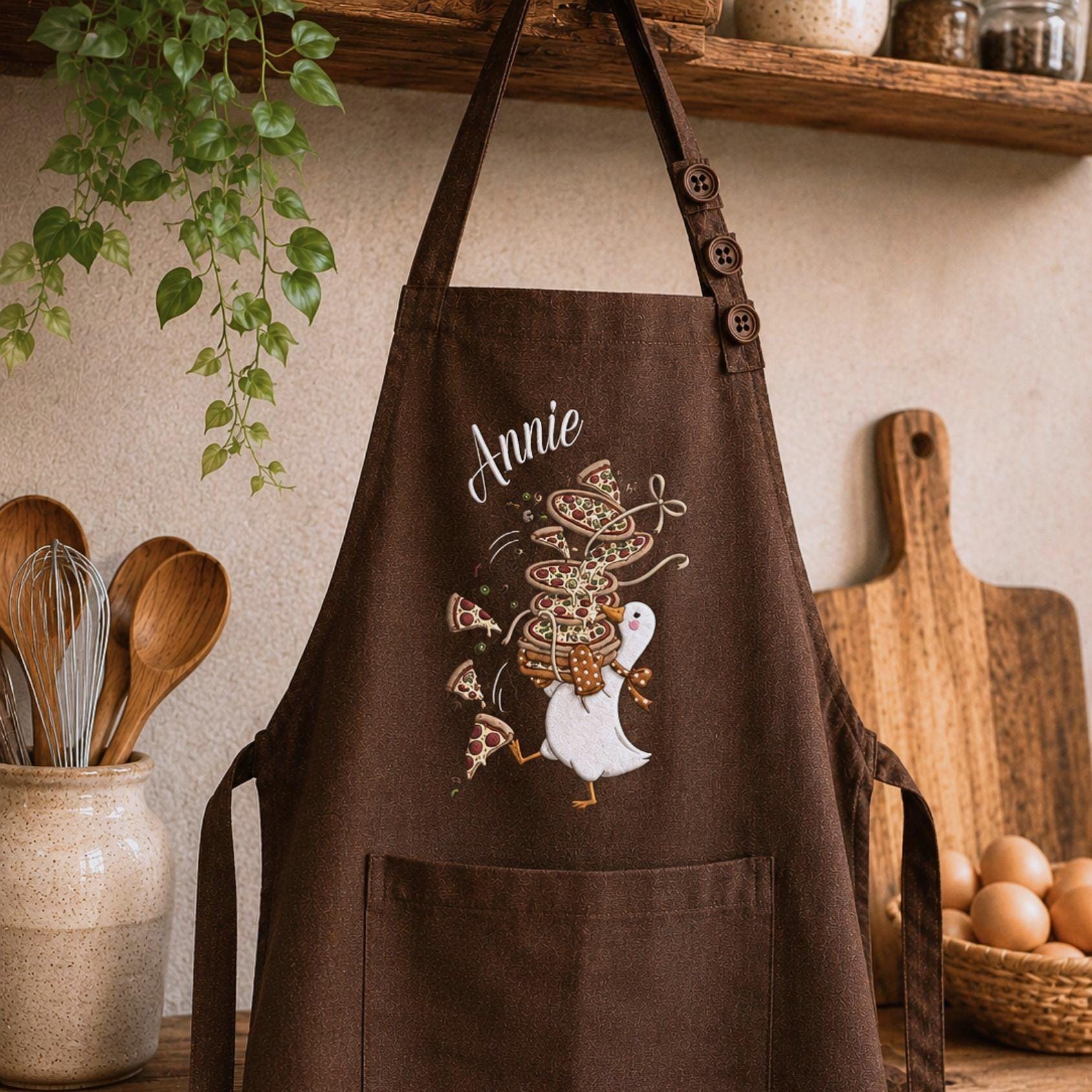 Pizza Cooking Embroidered Linen Apron – Custom Name Silly Goose Design