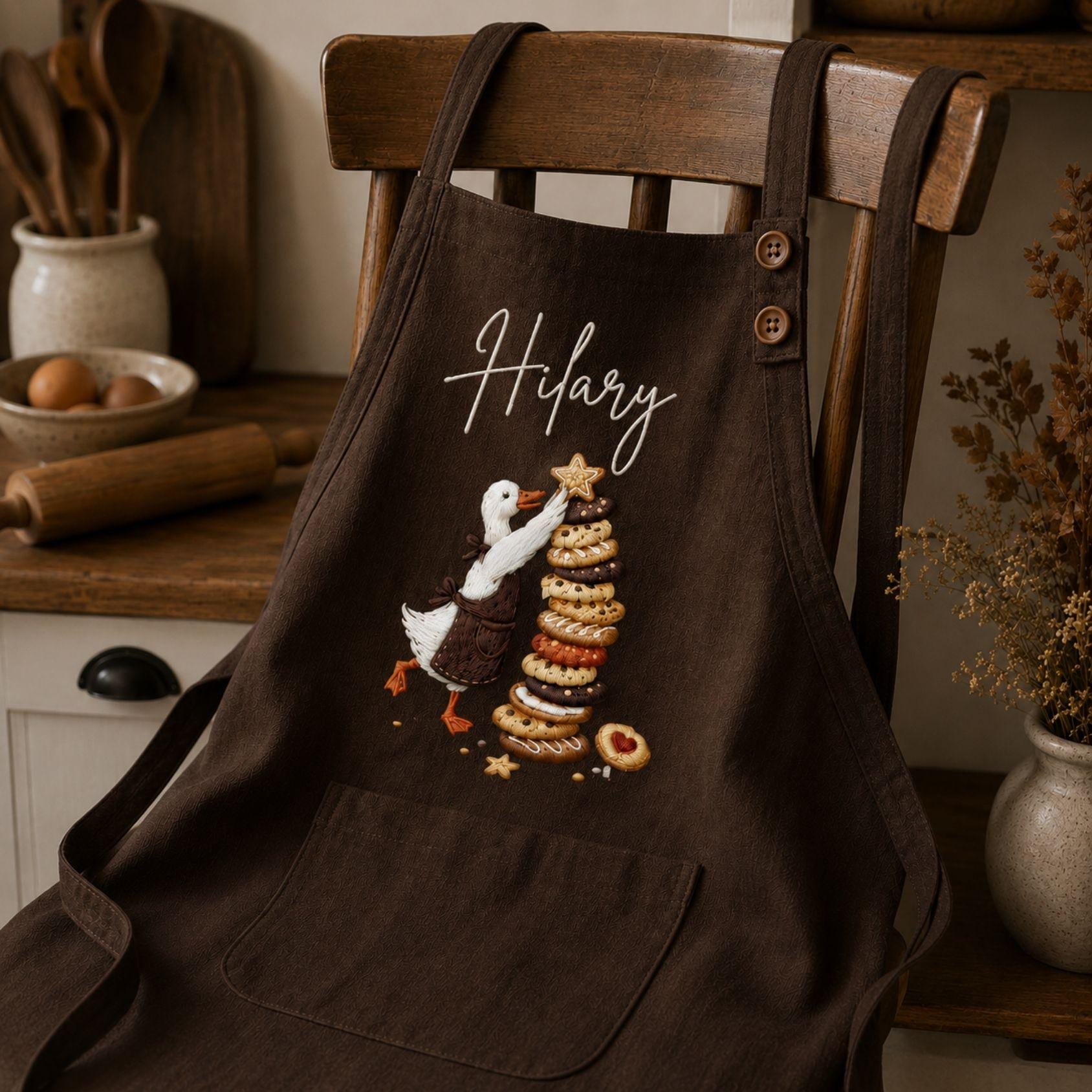 Cookies Tower Silly Goose Embroidered Linen Apron – Custom Name Kitchen Apron