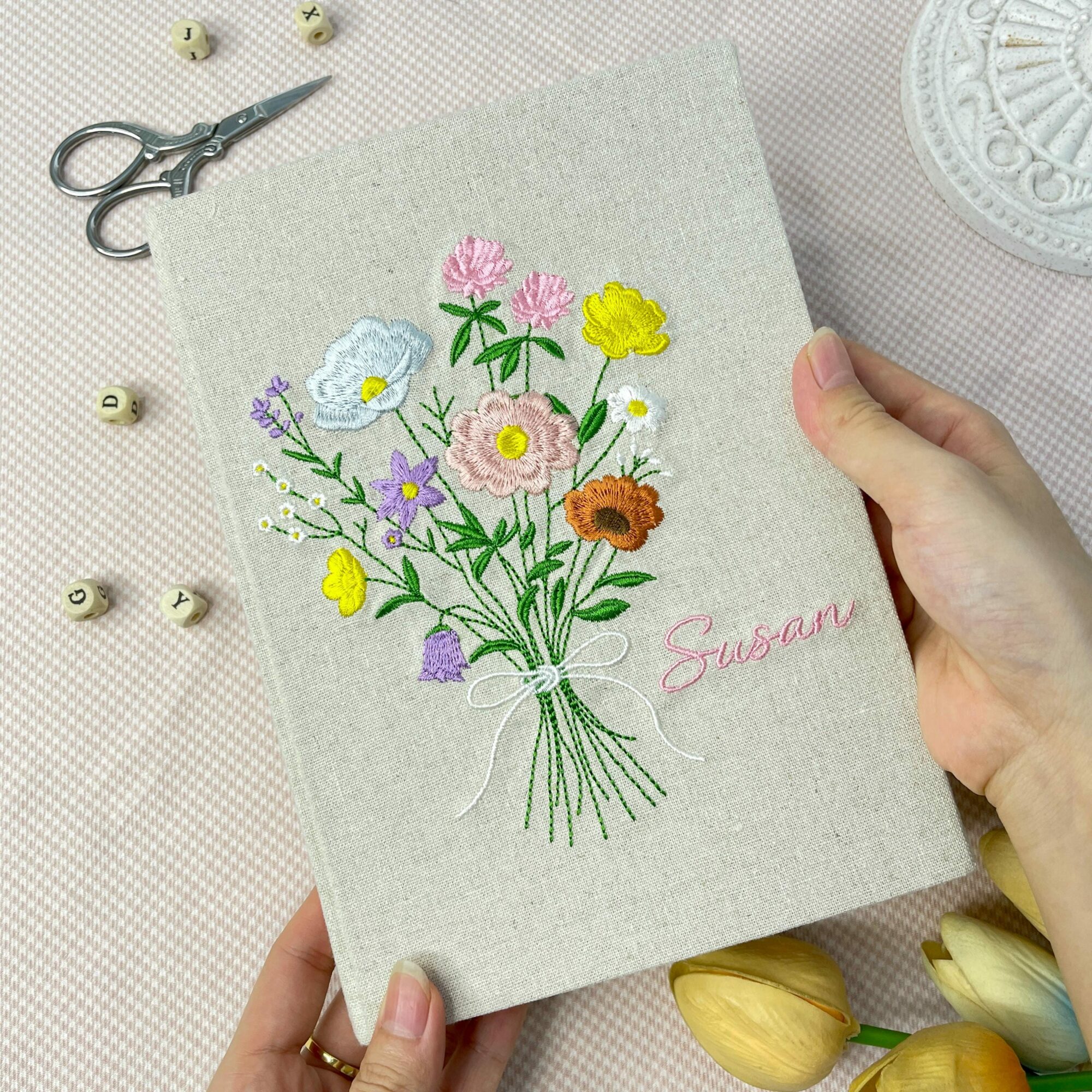 Custom Embroidered Wildflower Journal Gift, Personalized Name Linen Hardcover Notebook, Unique Birth Month Flower Writer Notebook