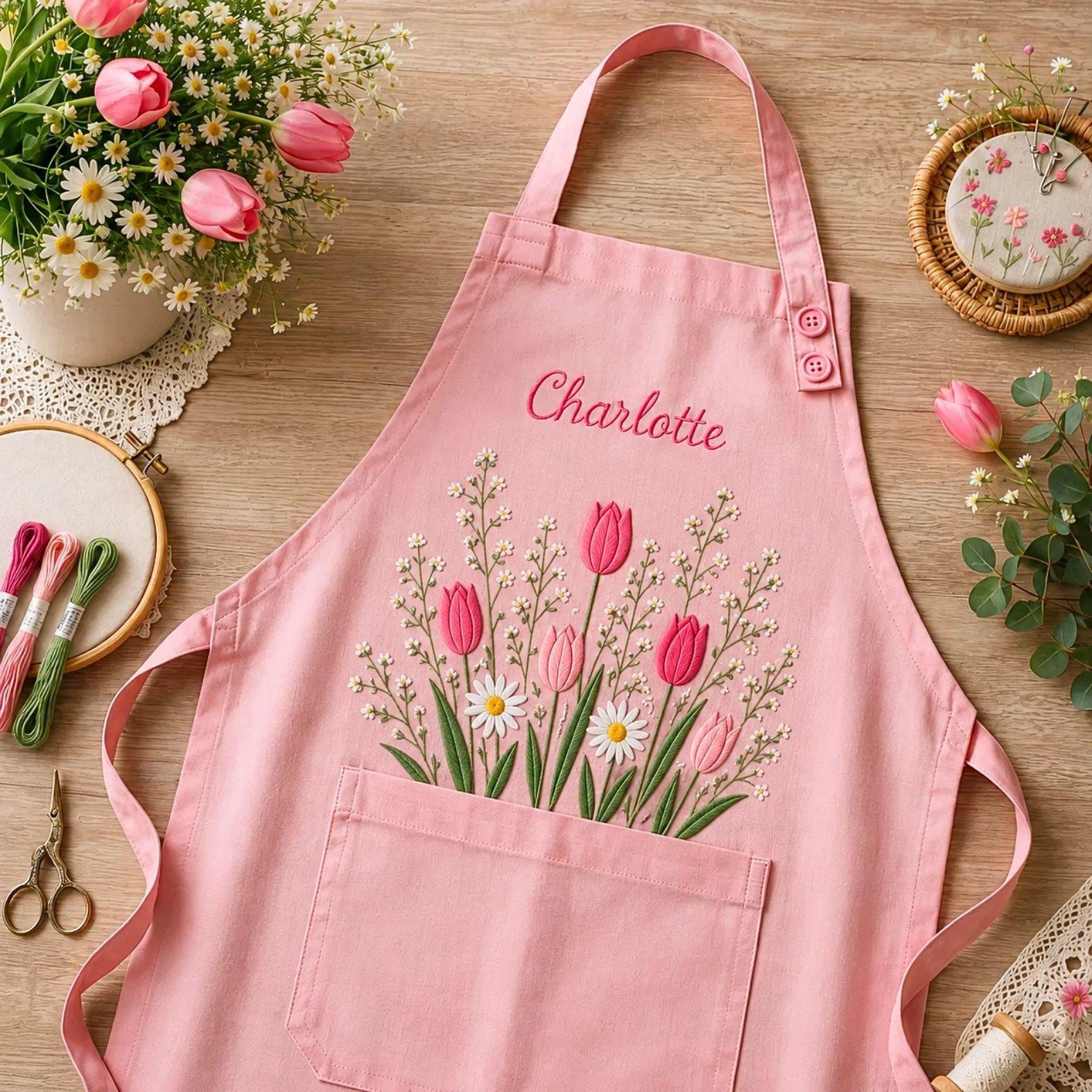 Embroidered Linen Apron: Tulip Garden Design, Adjustable Strap, Adult/Kids Sizes, Custom Name Apron