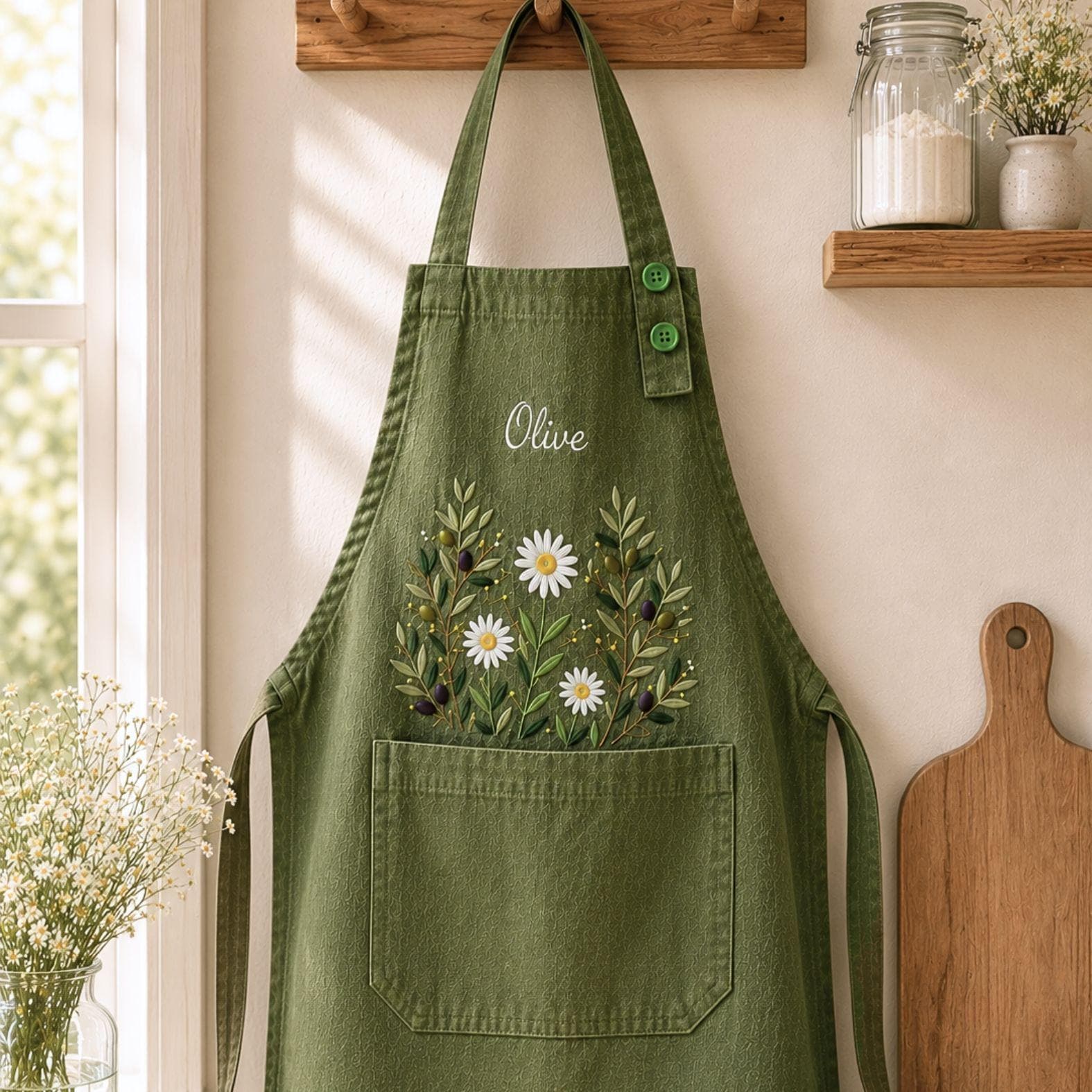Embroidered Linen Apron: Olive Garden Design, Adjustable Strap, Adult/Kids Sizes, Custom Name Apron