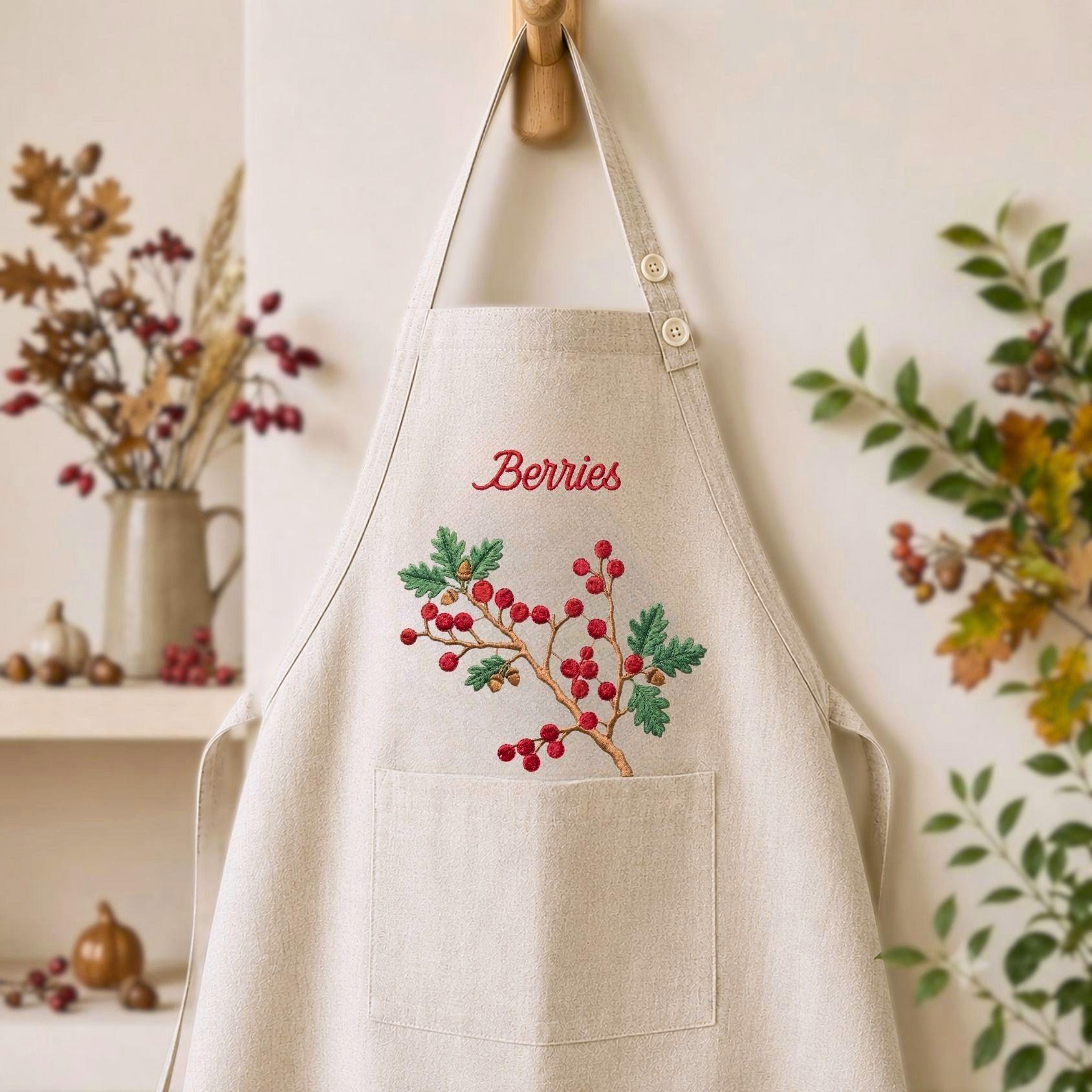 Embroidered Linen Apron: Autumn Oak Tree and Berry Garden Design, Adjustable Strap, Adult/Kids Sizes, Custom Name Apron