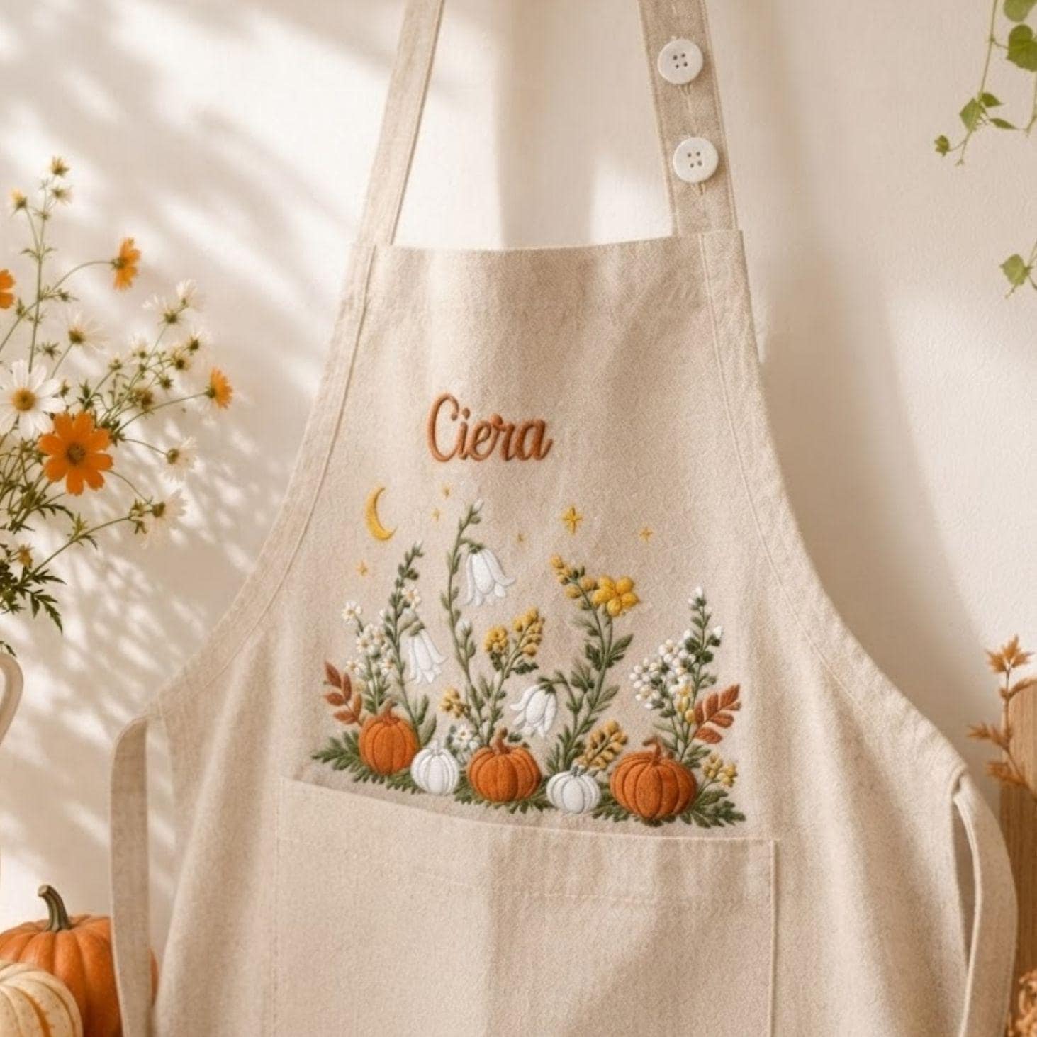 Autumn Pumpkin & Lily of the Valley Embroidered Linen Apron – Custom Name Garden Apron