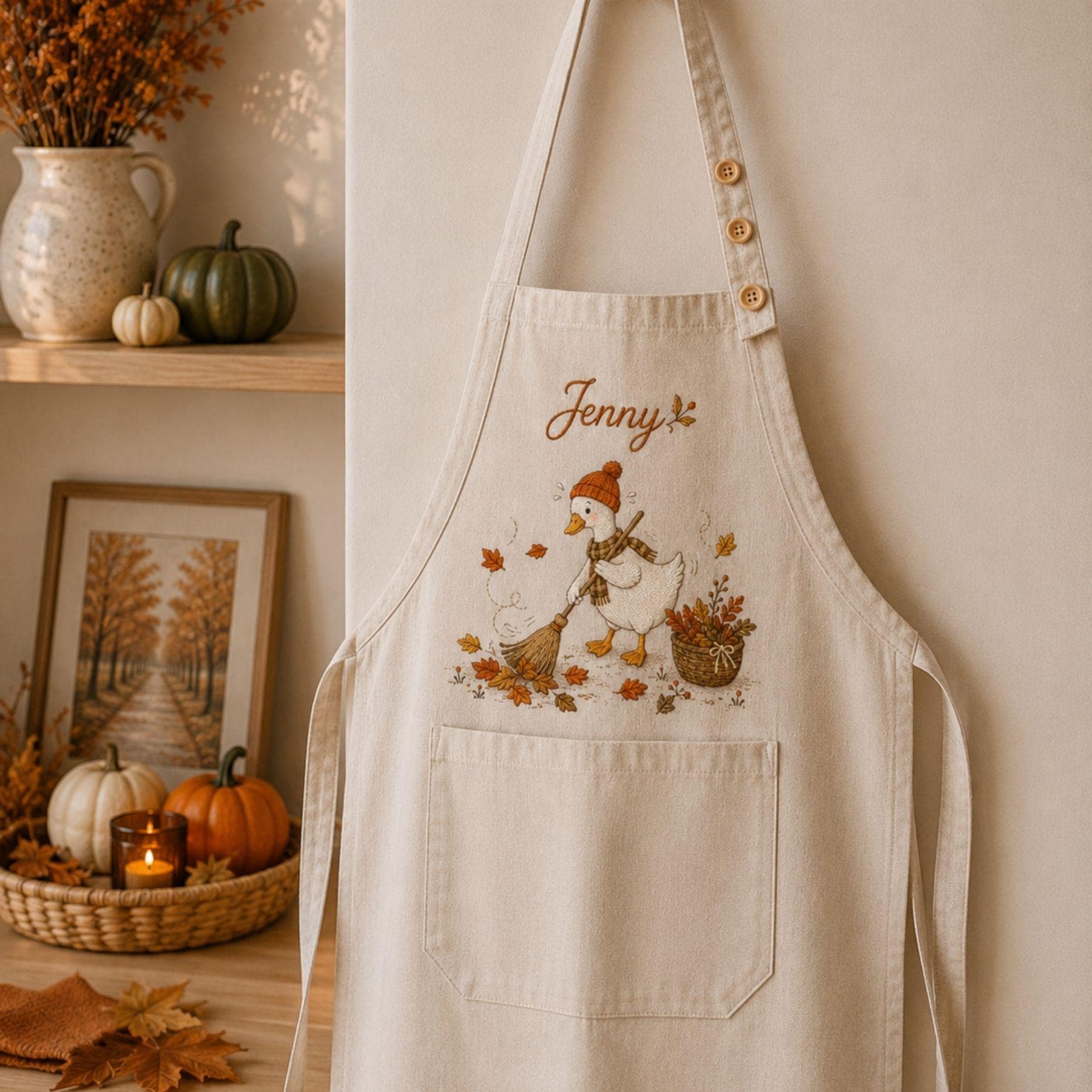 Embroidered Linen Apron: Funny Silly Goose Design, Goose Autumn Floral Lover Apron, Fall Funny Goose, Adult/Kids Sizes, Custom Name Apron