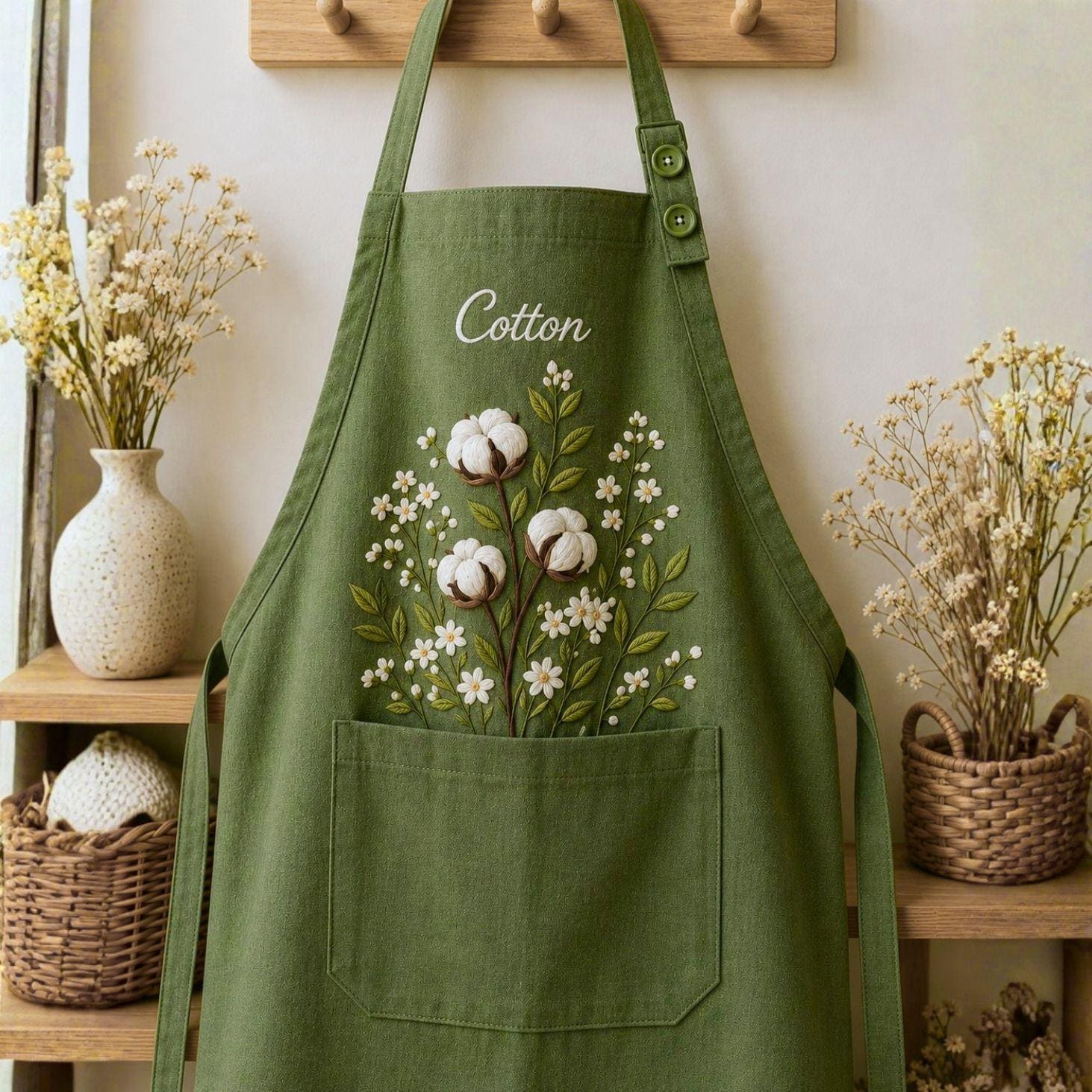 Cotton Baby’s Breath Harvest Embroidered Linen Apron – Custom Name Garden Apron