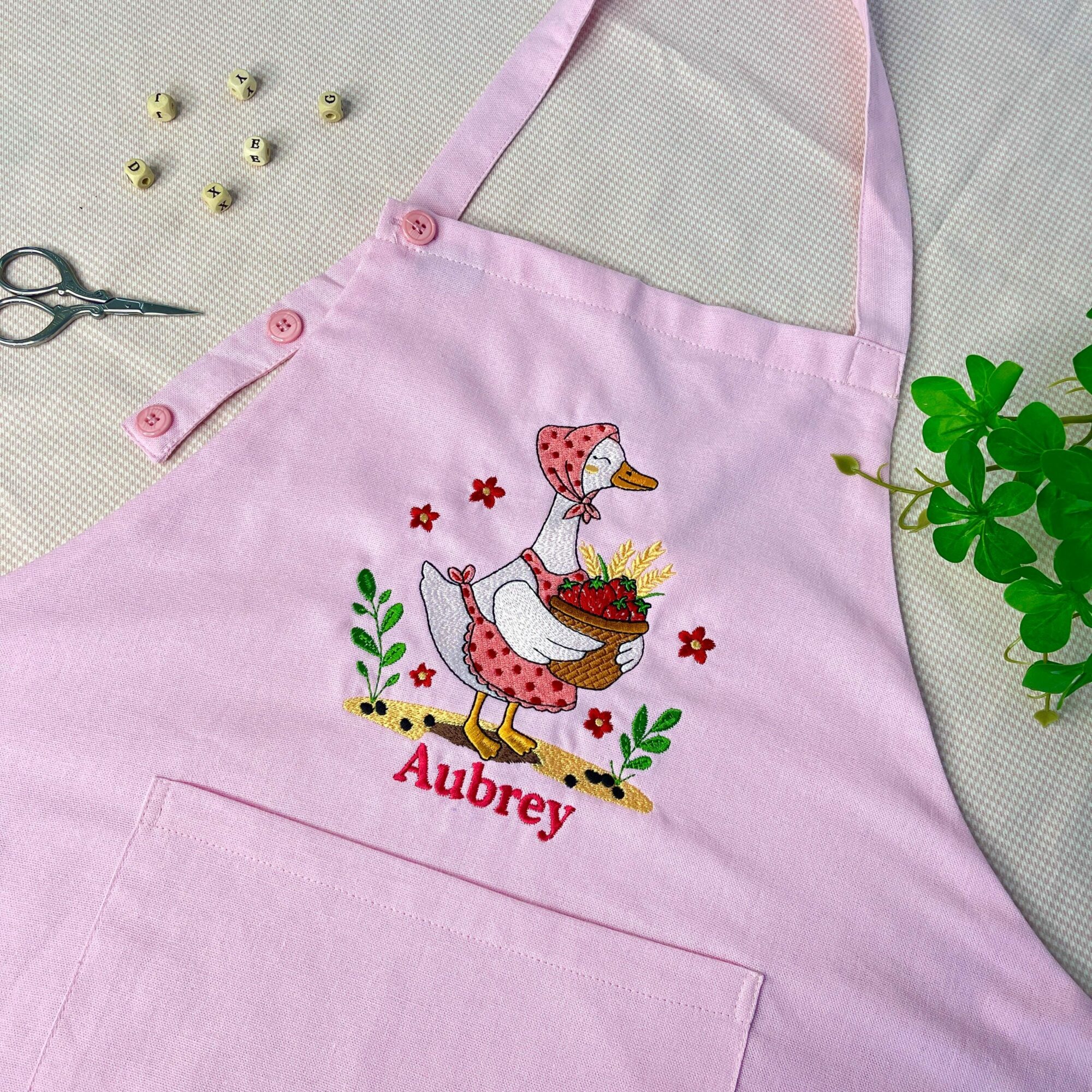 Personalized Strawberry Goose Embroidered Linen Apron – Custom Cottagecore Kitchen Apron for Women