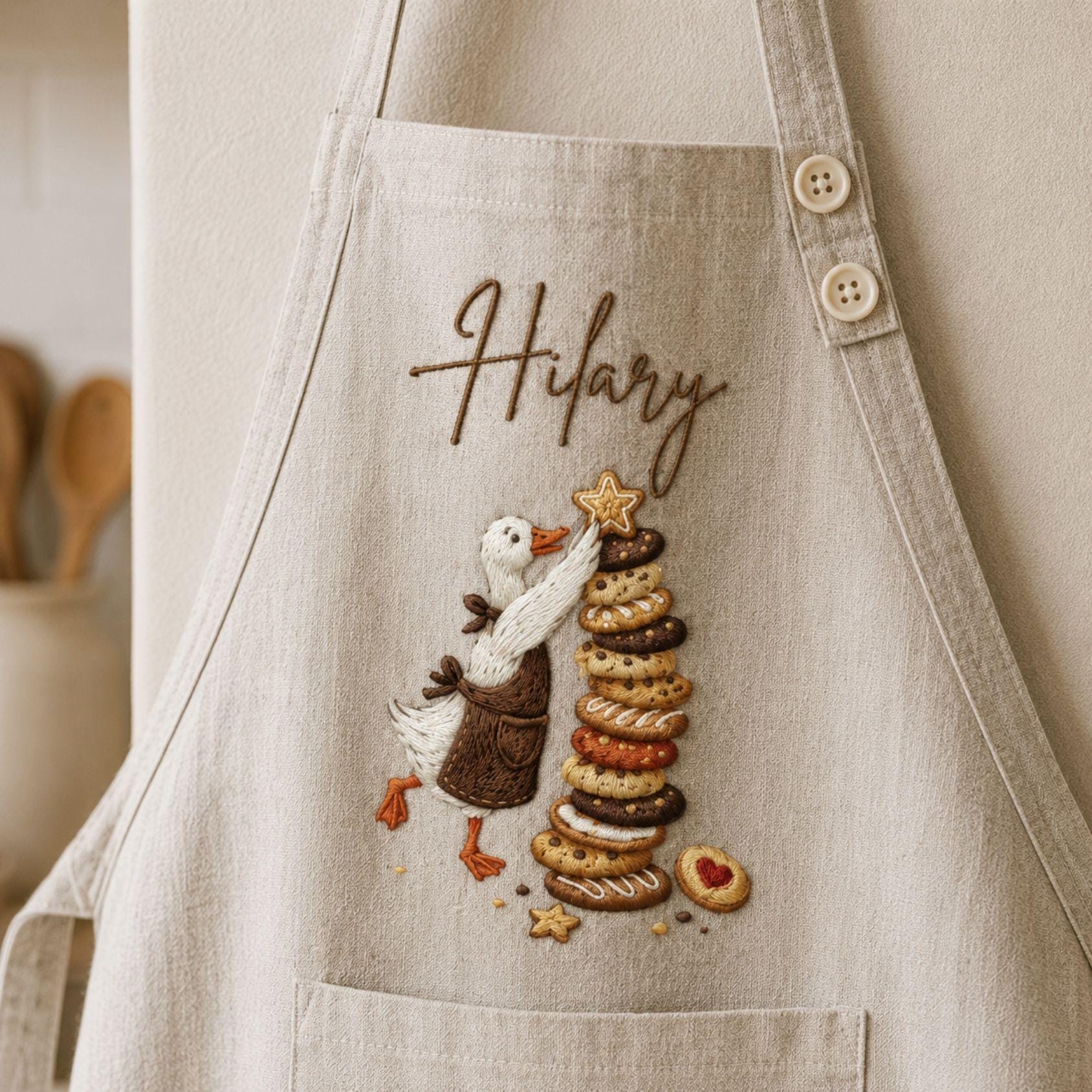 Cookies Tower Silly Goose Embroidered Linen Apron – Custom Name Kitchen Apron