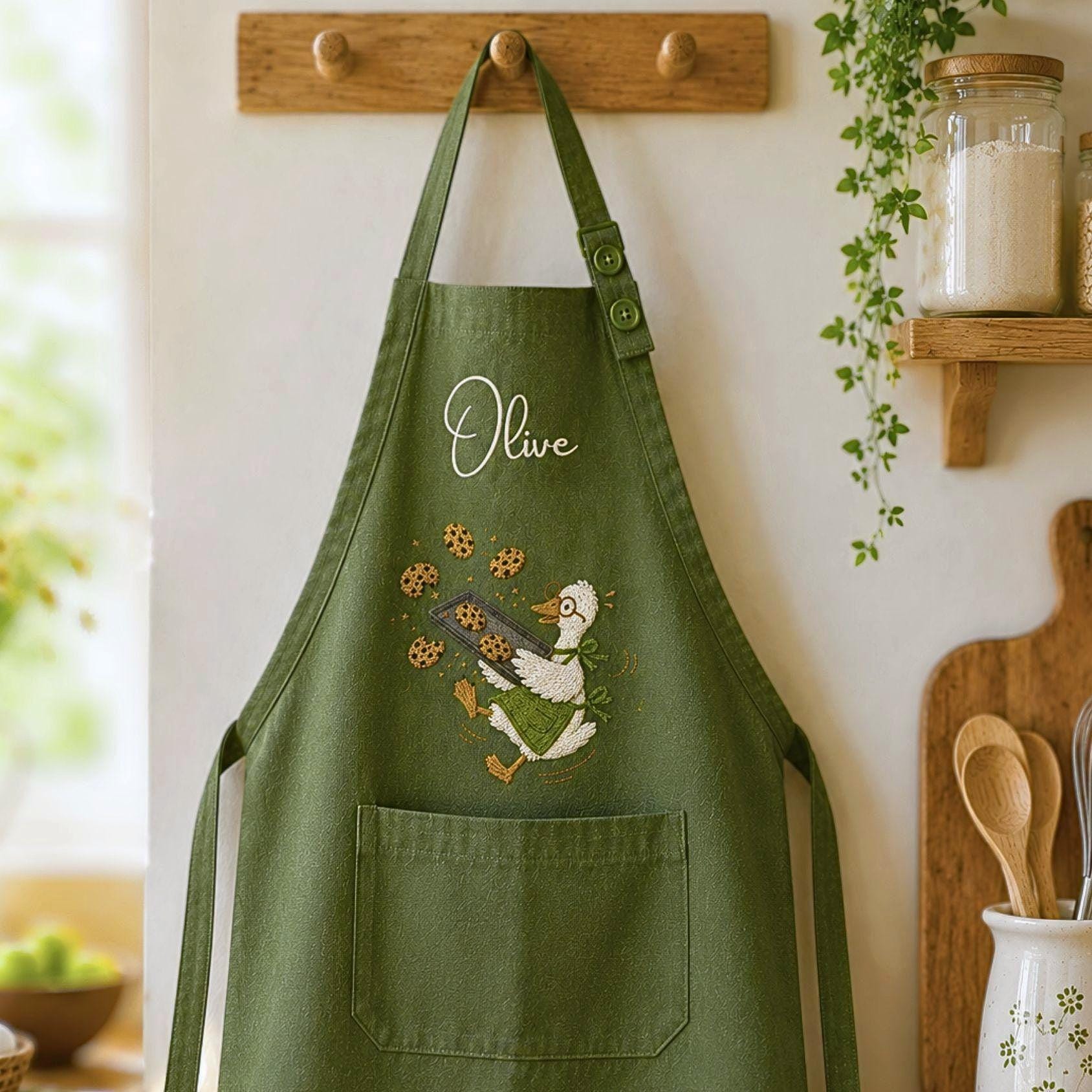 Embroidered Linen Apron: Funny Silly Goose Design, Goose Cookie Backing Apron, Funny Goose Foodie Smock, Adult/Kids Sizes, Custom Name Apron