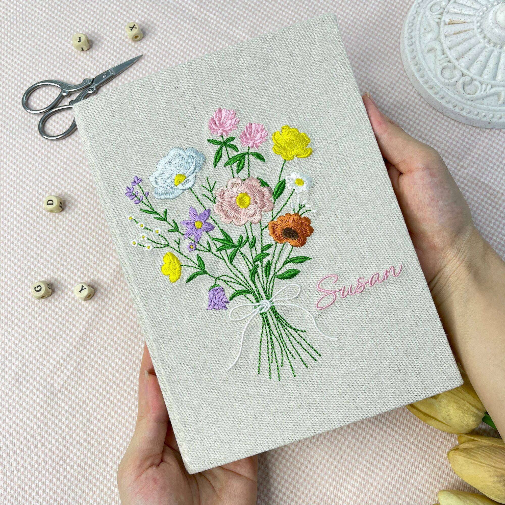 Personalized Wildflower Embroidered Linen Journal – Birth Month Flower Notebook