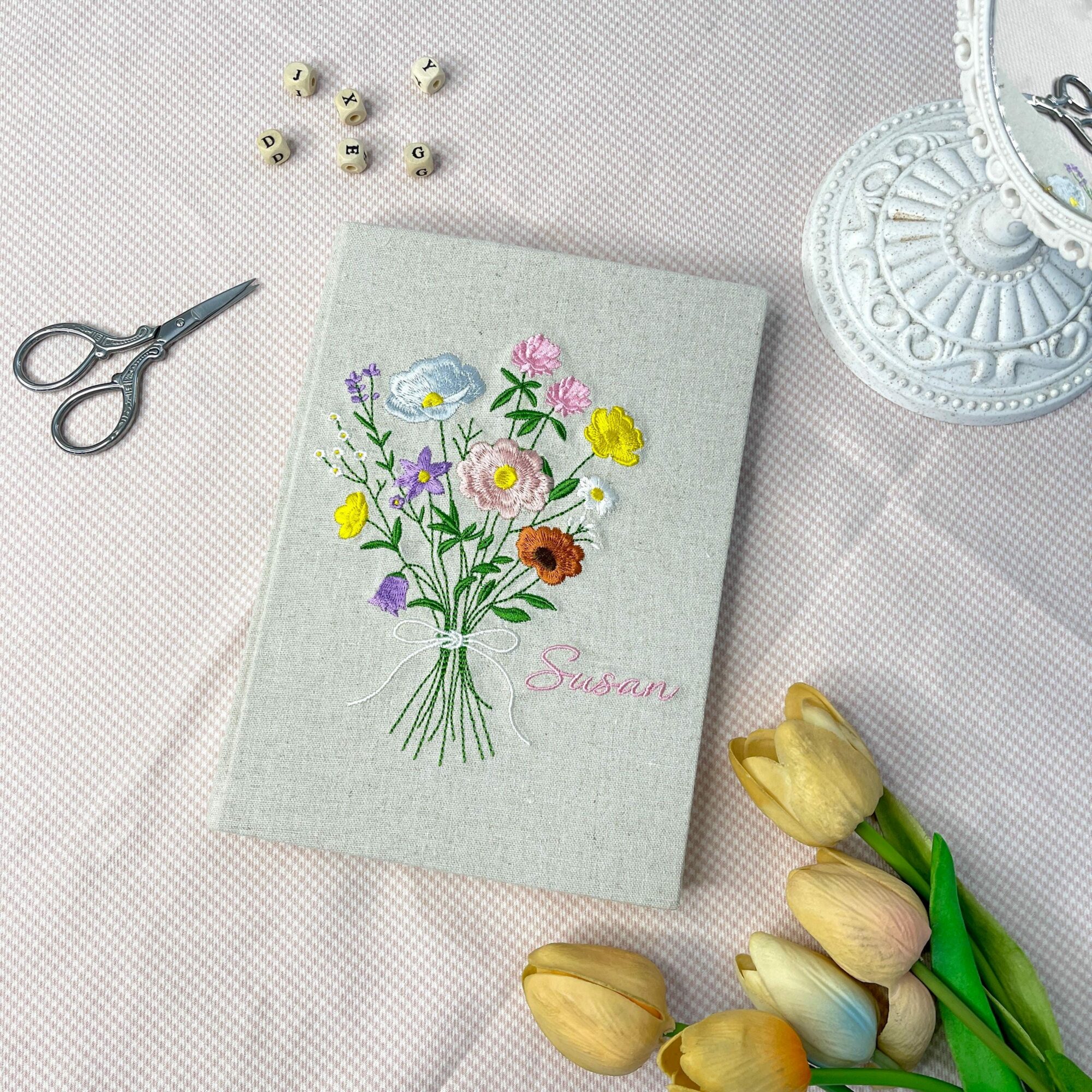 Custom Embroidered Wildflower Journal Gift, Personalized Name Linen Hardcover Notebook, Unique Birth Month Flower Writer Notebook