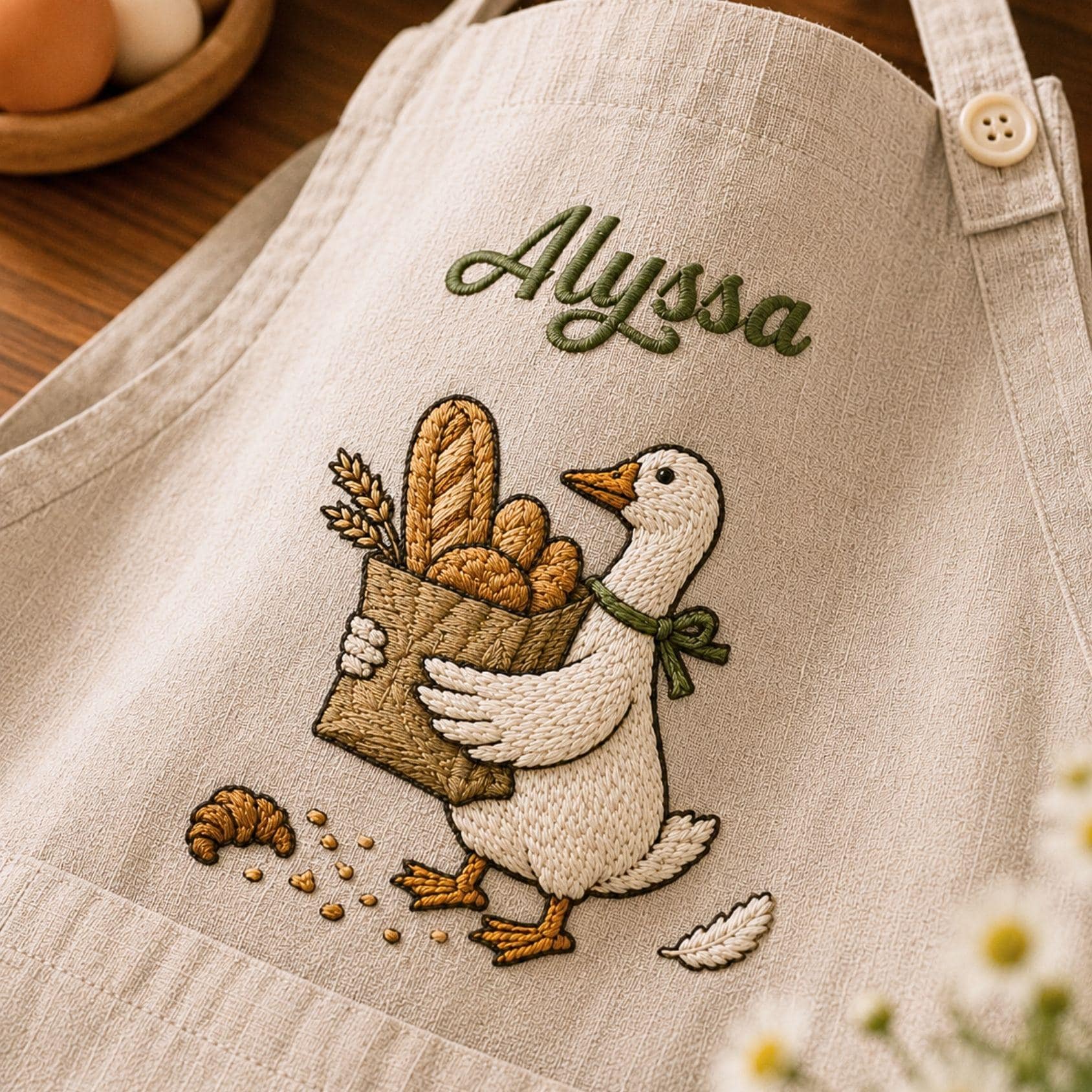 Baguette Silly Goose Embroidered Linen Apron – Custom Name Kitchen Apron