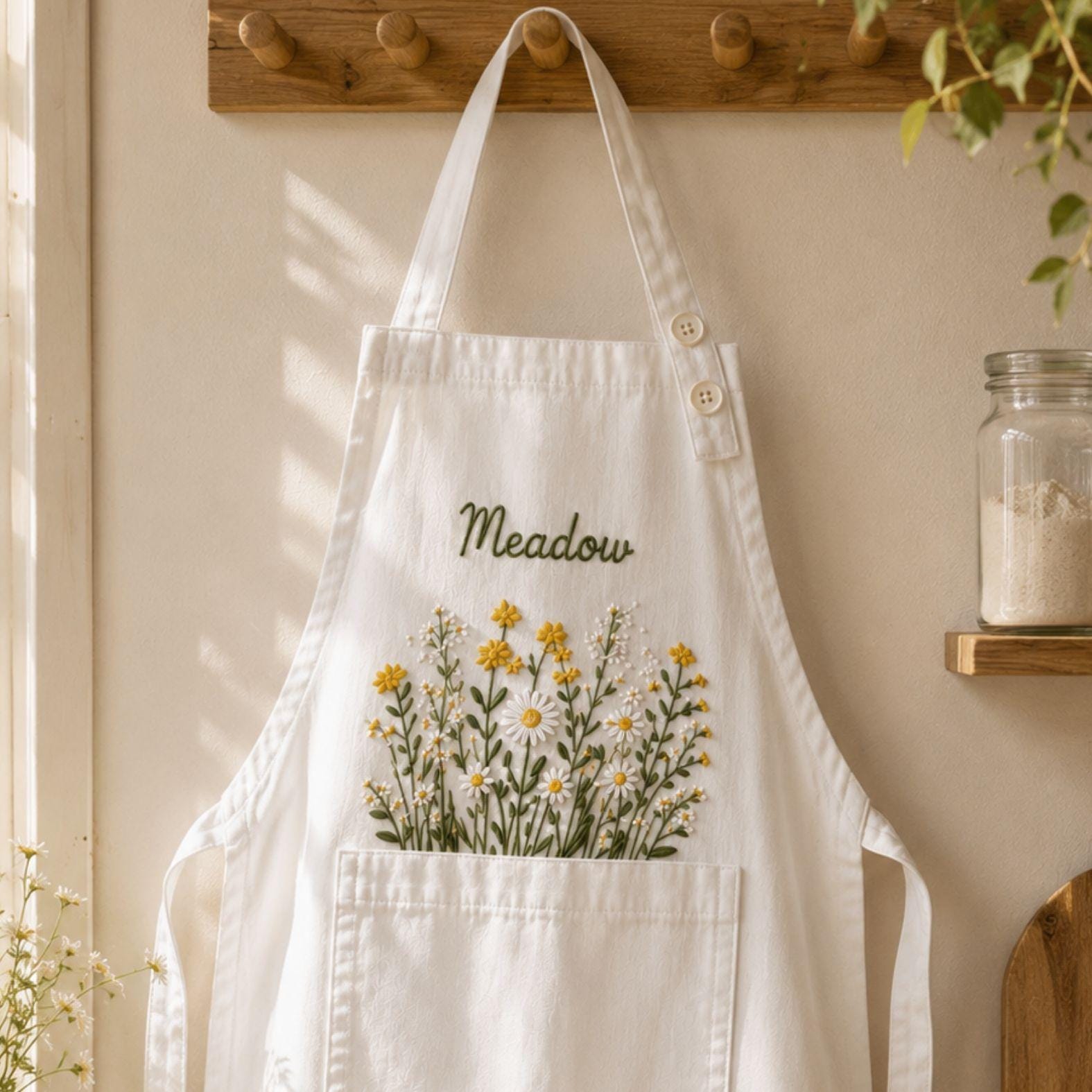 Embroidered Linen Apron: Wildflower Medow Garden Design, Adjustable Strap, Adult/Kids Sizes, Custom Name Apron