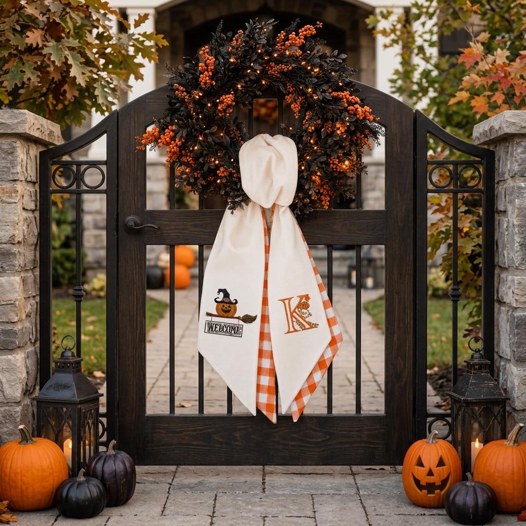 Halloween Pumpkin Door Sash – Custom Initial Fall Front Porch Decor Halloween Pumpkin Door Sash – Custom Initial Fall Front Porch Decor