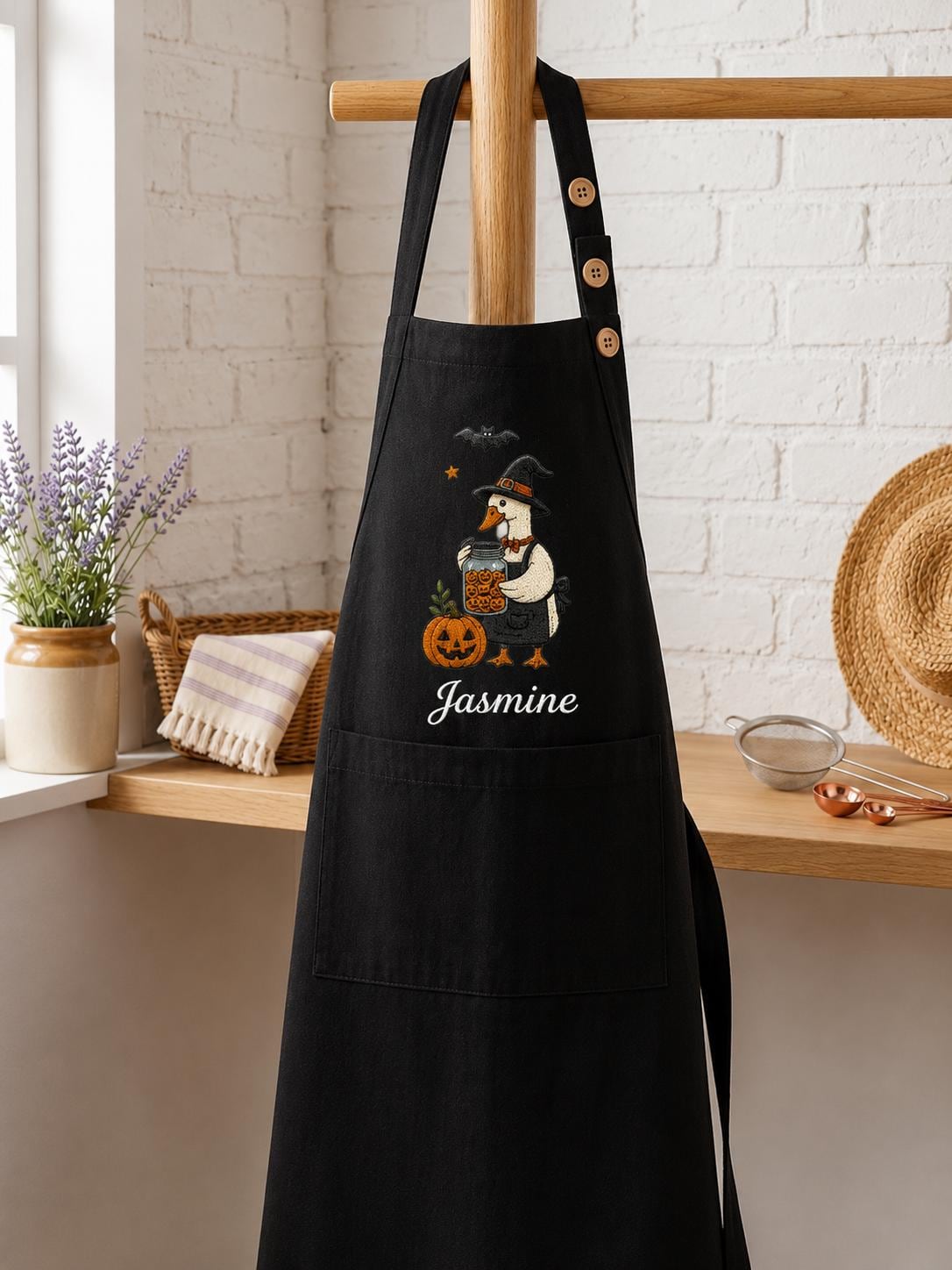 Halloween Silly Goose Pumpkin Embroidered Linen Apron – Custom Name Baking Gift