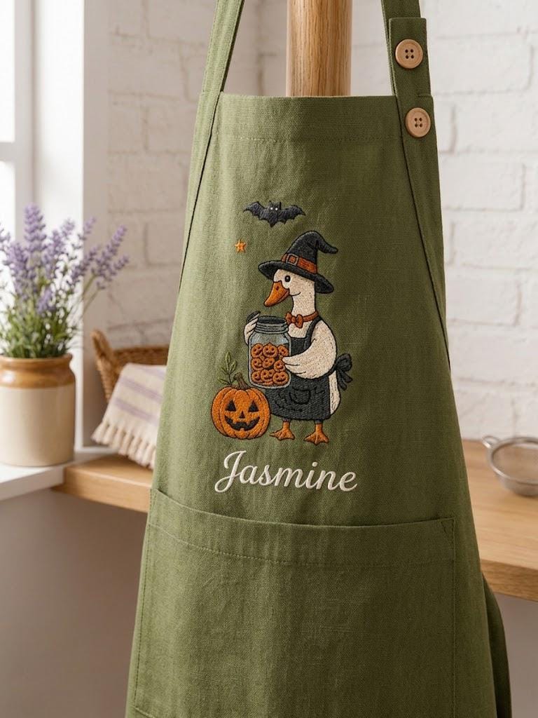 Halloween Silly Goose Pumpkin Embroidered Linen Apron – Custom Name Baking Gift