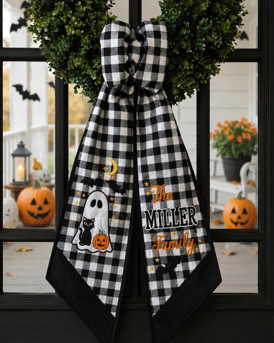 Halloween Ghost Wreath Sash – Custom Family Name Black Cat Pumpkin Door Decor