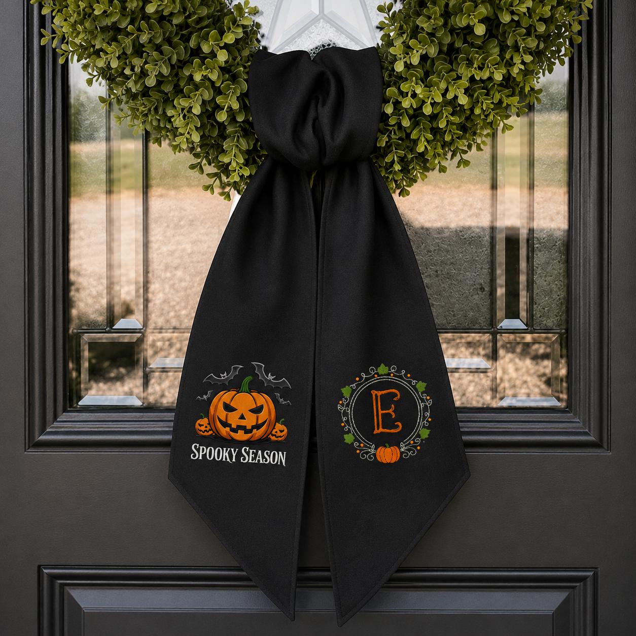 Spooky Pumpkin Embroidered Wreath Sash – Custom Initial Halloween Door Decor Spooky Pumpkin Embroidered Wreath Sash – Custom Initial Halloween Door Decor