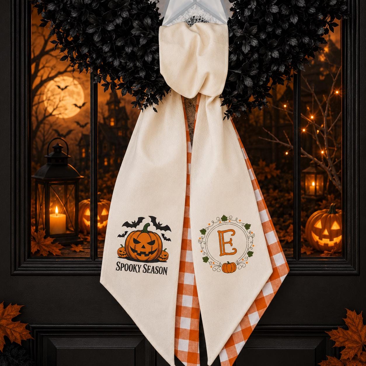 Spooky Pumpkin Embroidered Wreath Sash – Custom Initial Halloween Door Decor