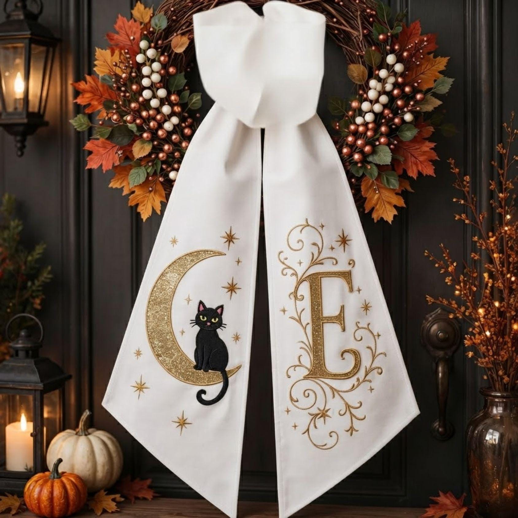 Glitter Crescent Moon Black Cat Halloween Wreath Sash Door Decor Applique Custom Front