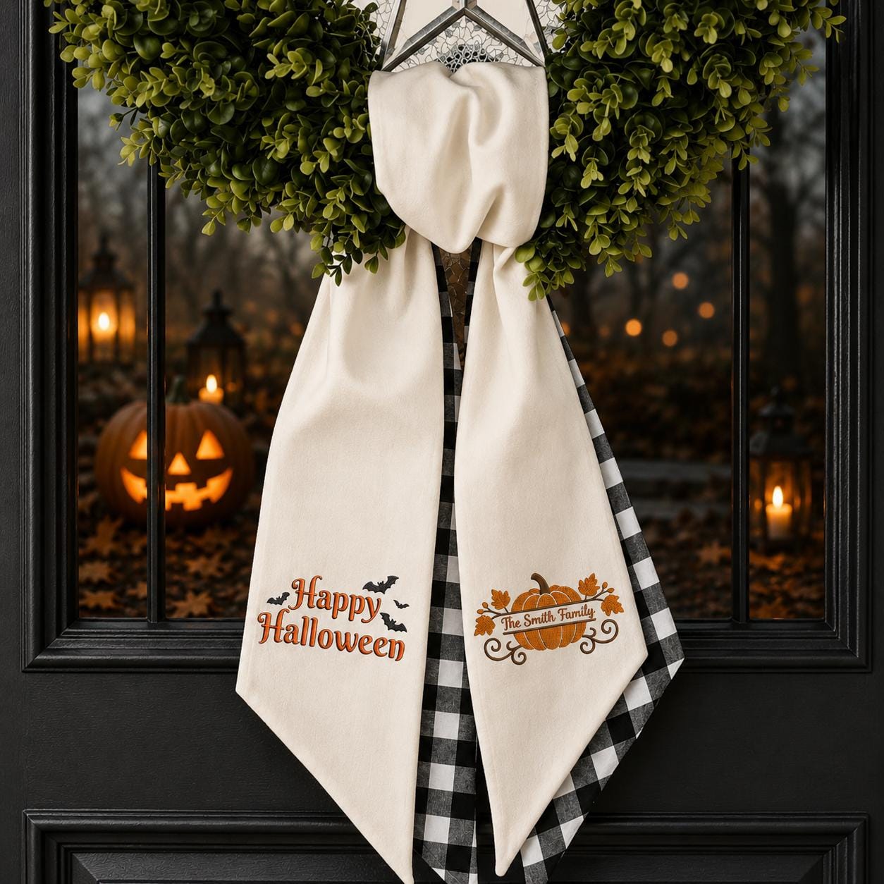 Happy Halloween Embroidered Door Sash – Custom Family Name Spooky Season Decor Happy Halloween Embroidered Door Sash – Custom Family Name Spooky Season Decor