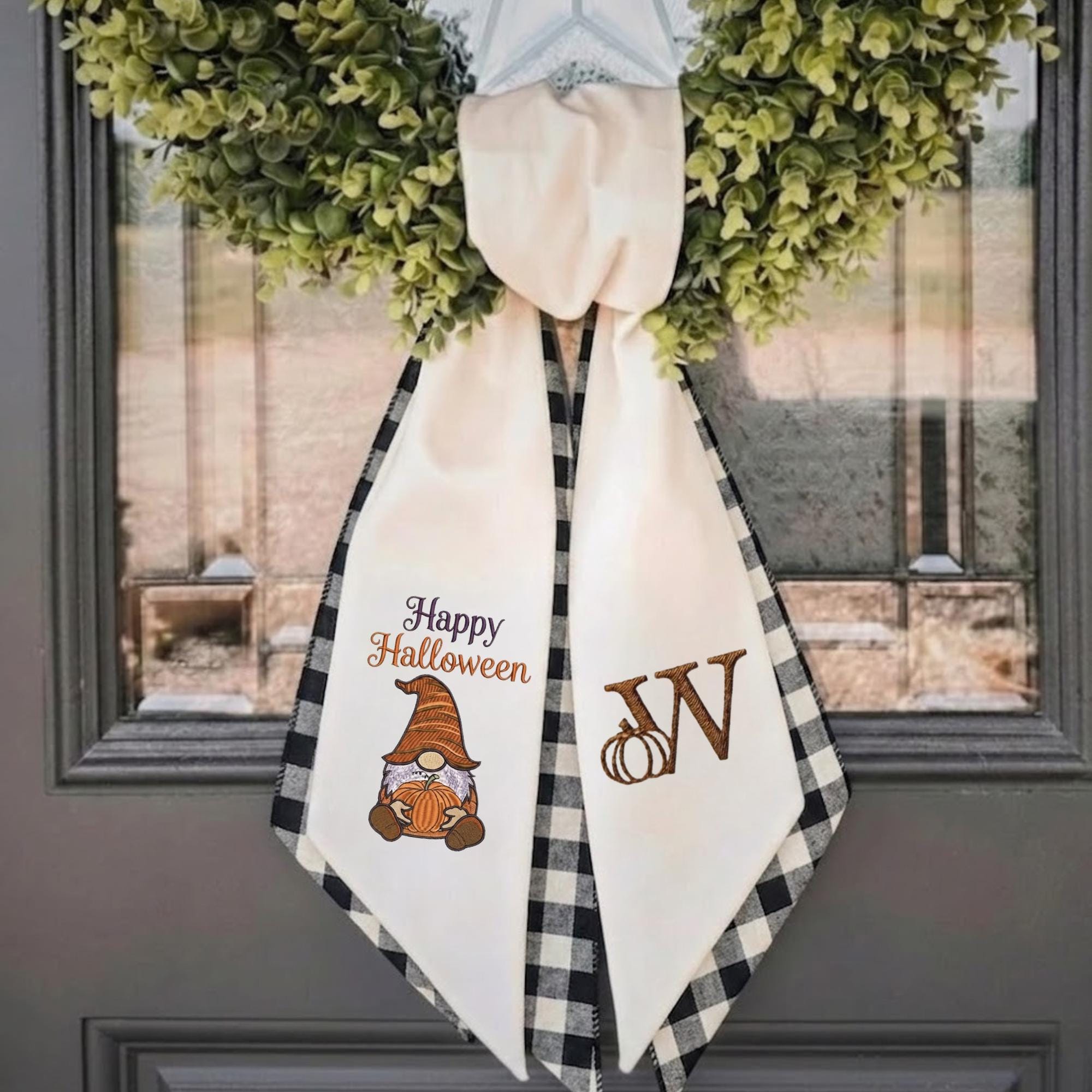Pumpkin Gnome Halloween Embroidered Wreath Sash – Custom Initials Door Decor Pumpkin Gnome Halloween Embroidered Wreath Sash – Custom Initials Door Decor