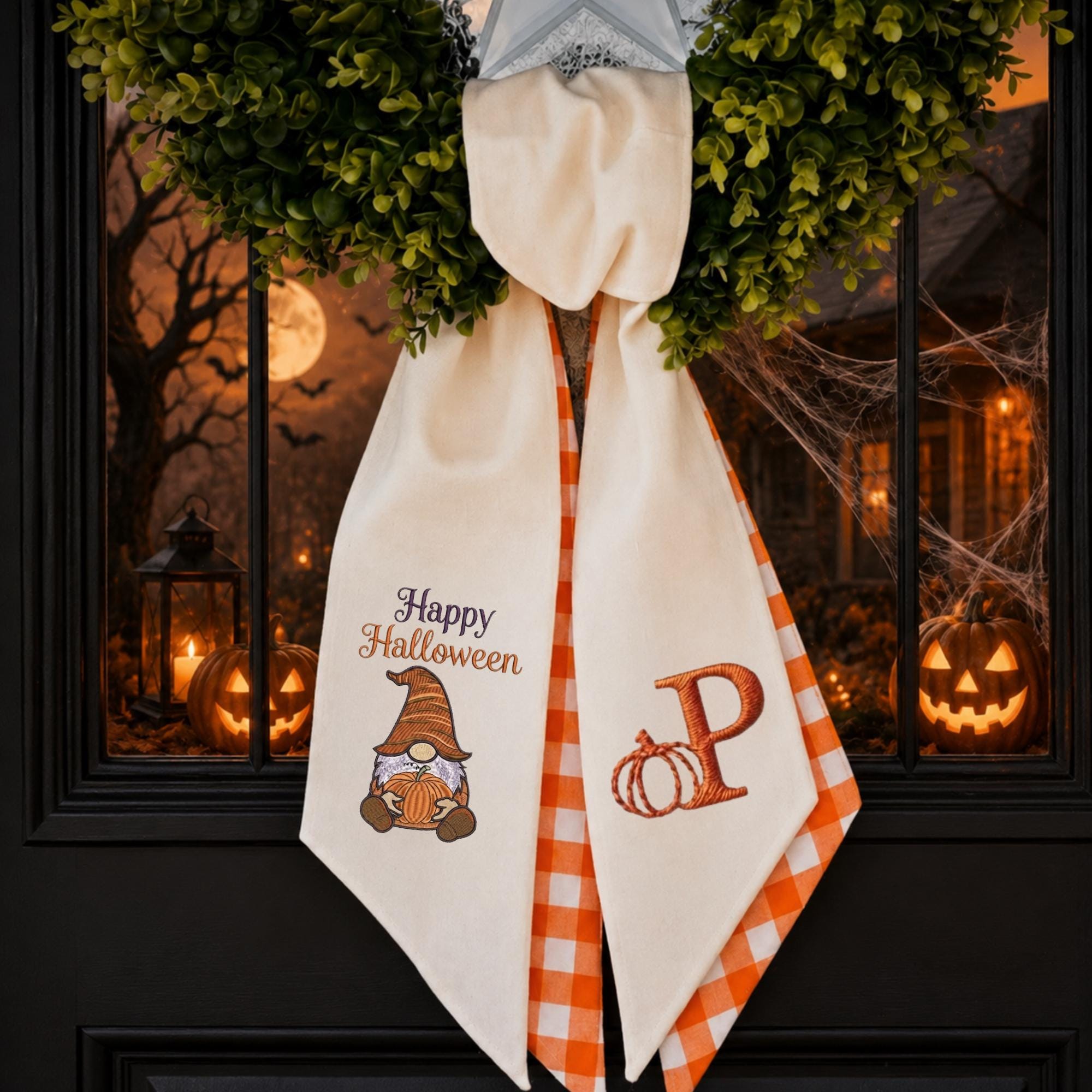 Pumpkin Gnome Halloween Embroidered Wreath Sash – Custom Initials Door Decor