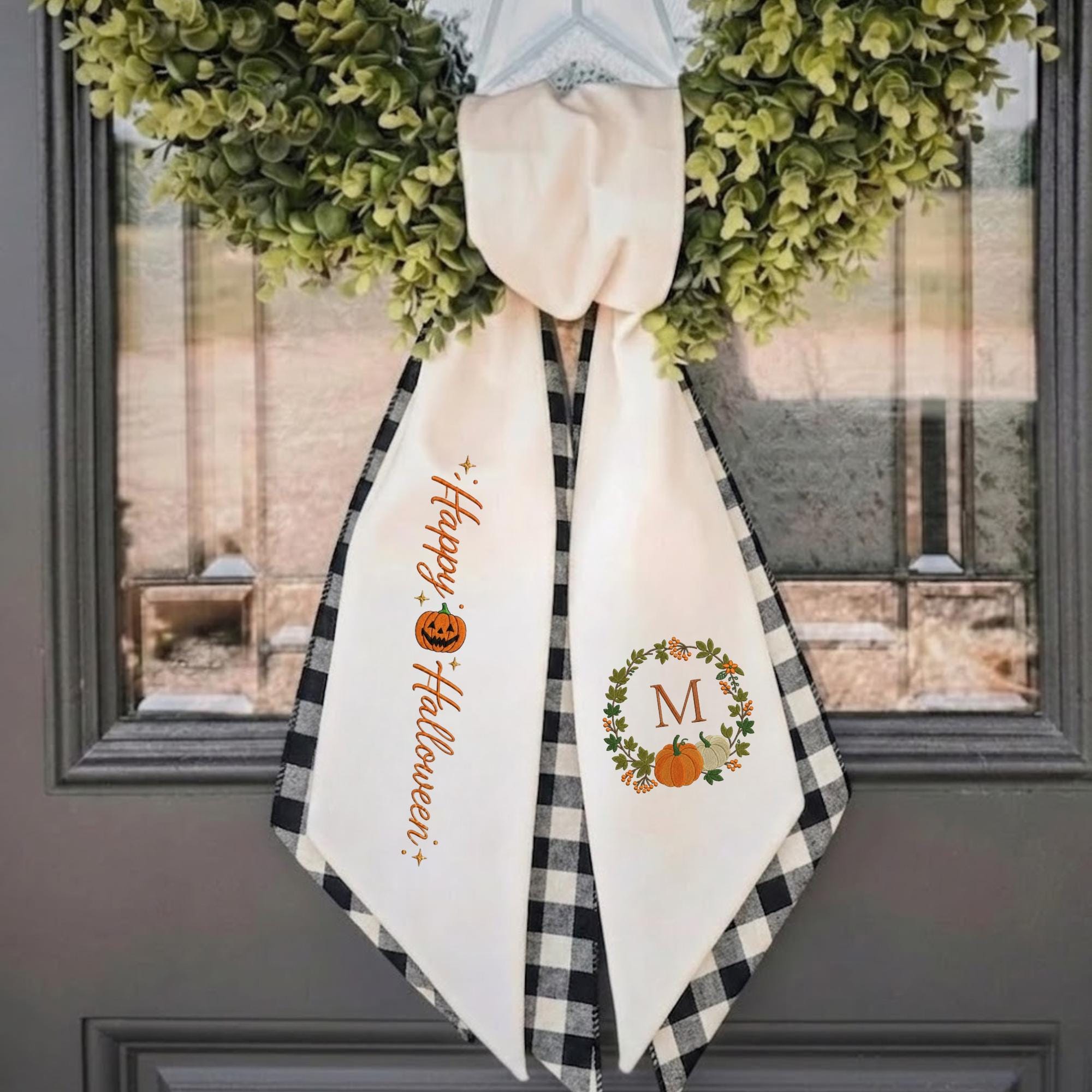 Halloween Pumpkin Embroidered Wreath Sash – Custom Monogram Fall Door Decor