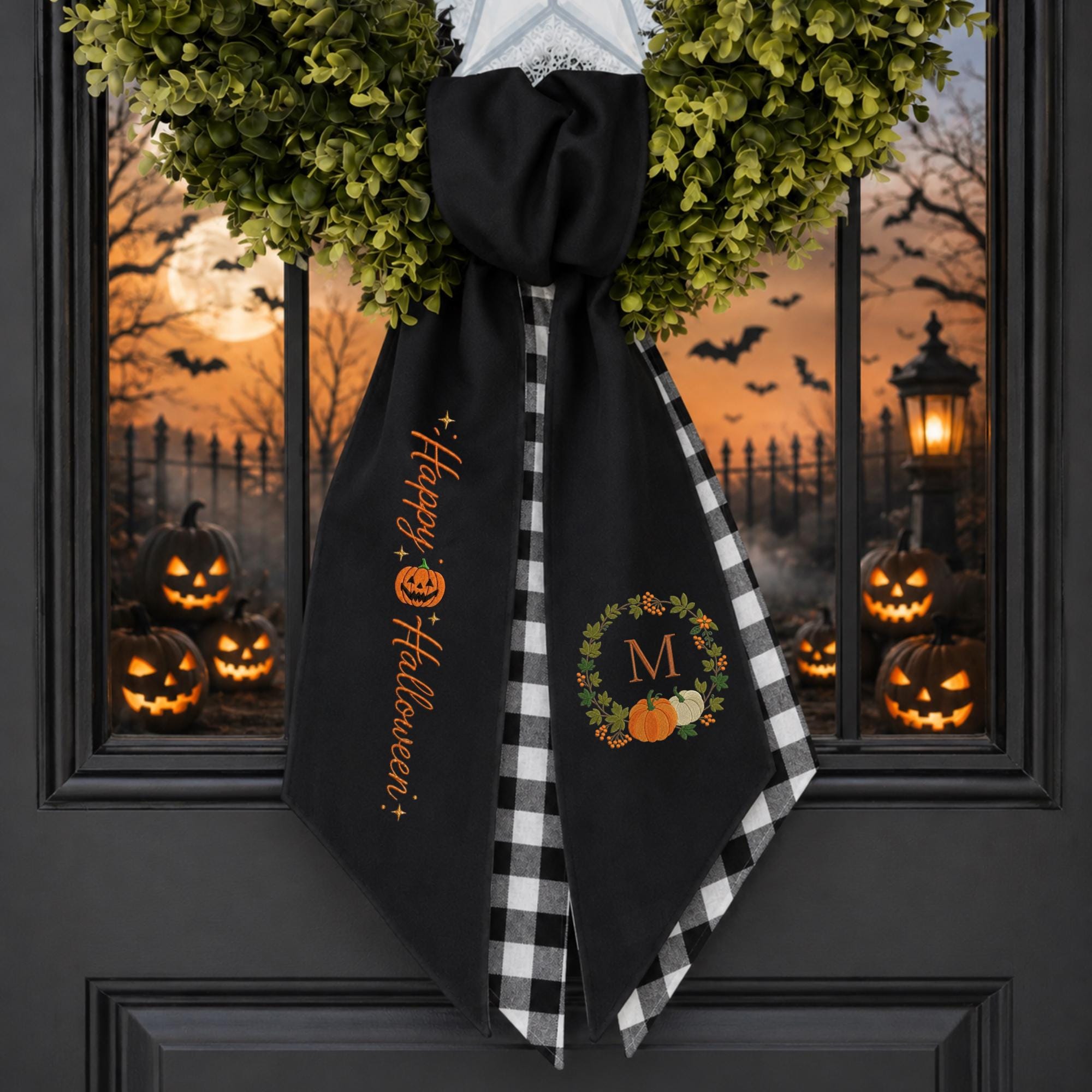 Halloween Pumpkin Embroidered Wreath Sash – Custom Monogram Fall Door Decor Halloween Pumpkin Embroidered Wreath Sash – Custom Monogram Fall Door Decor