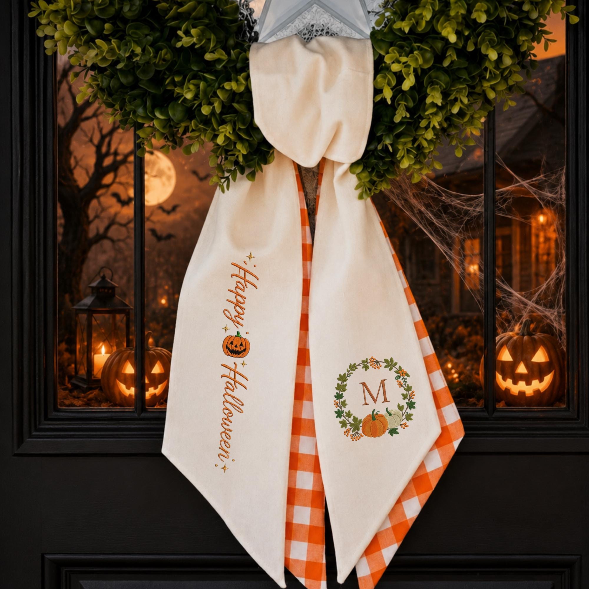 Halloween Pumpkin Embroidered Wreath Sash – Custom Monogram Fall Door Decor Halloween Pumpkin Embroidered Wreath Sash – Custom Monogram Fall Door Decor