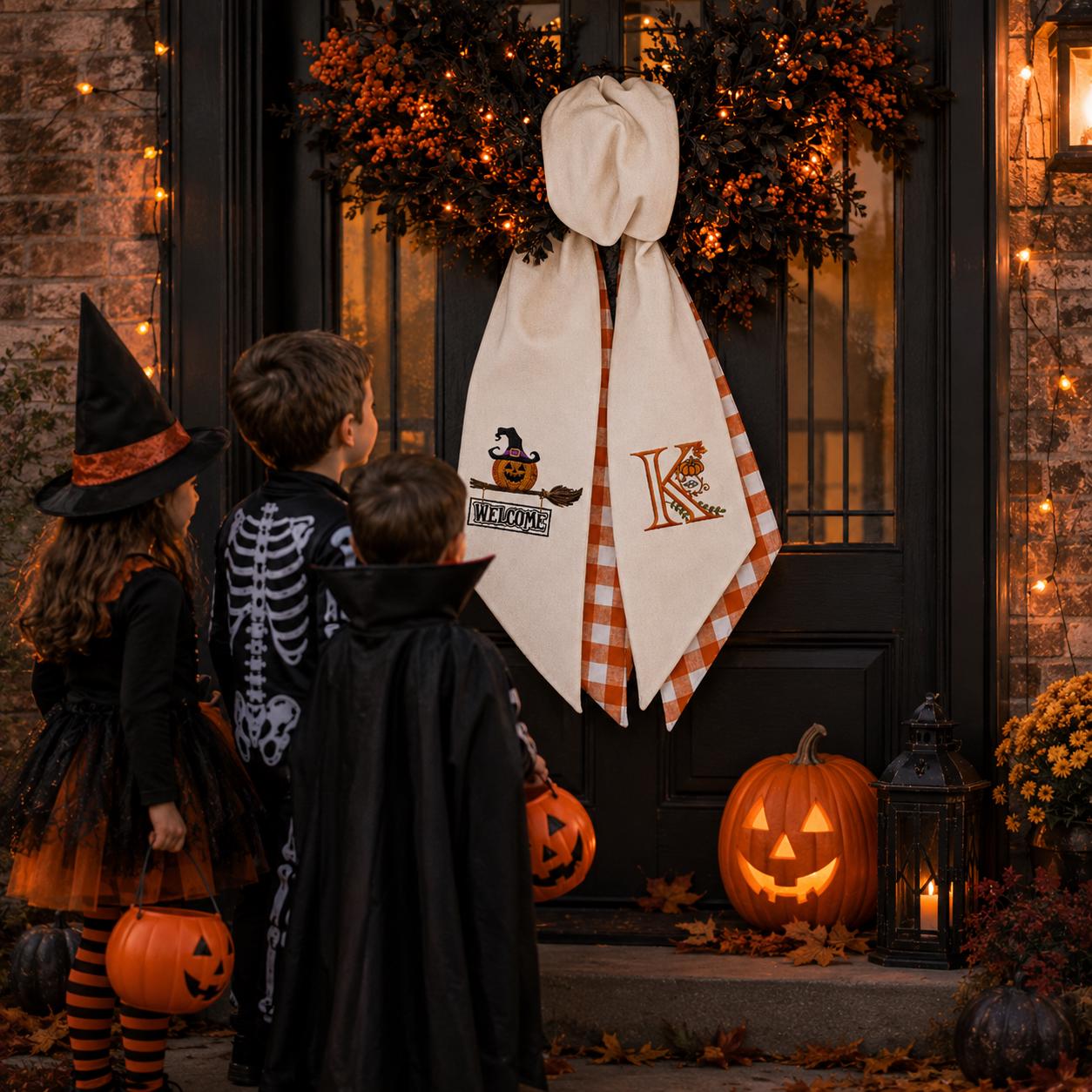 Halloween Pumpkin Door Sash – Custom Initial Fall Front Porch Decor Halloween Pumpkin Door Sash – Custom Initial Fall Front Porch Decor