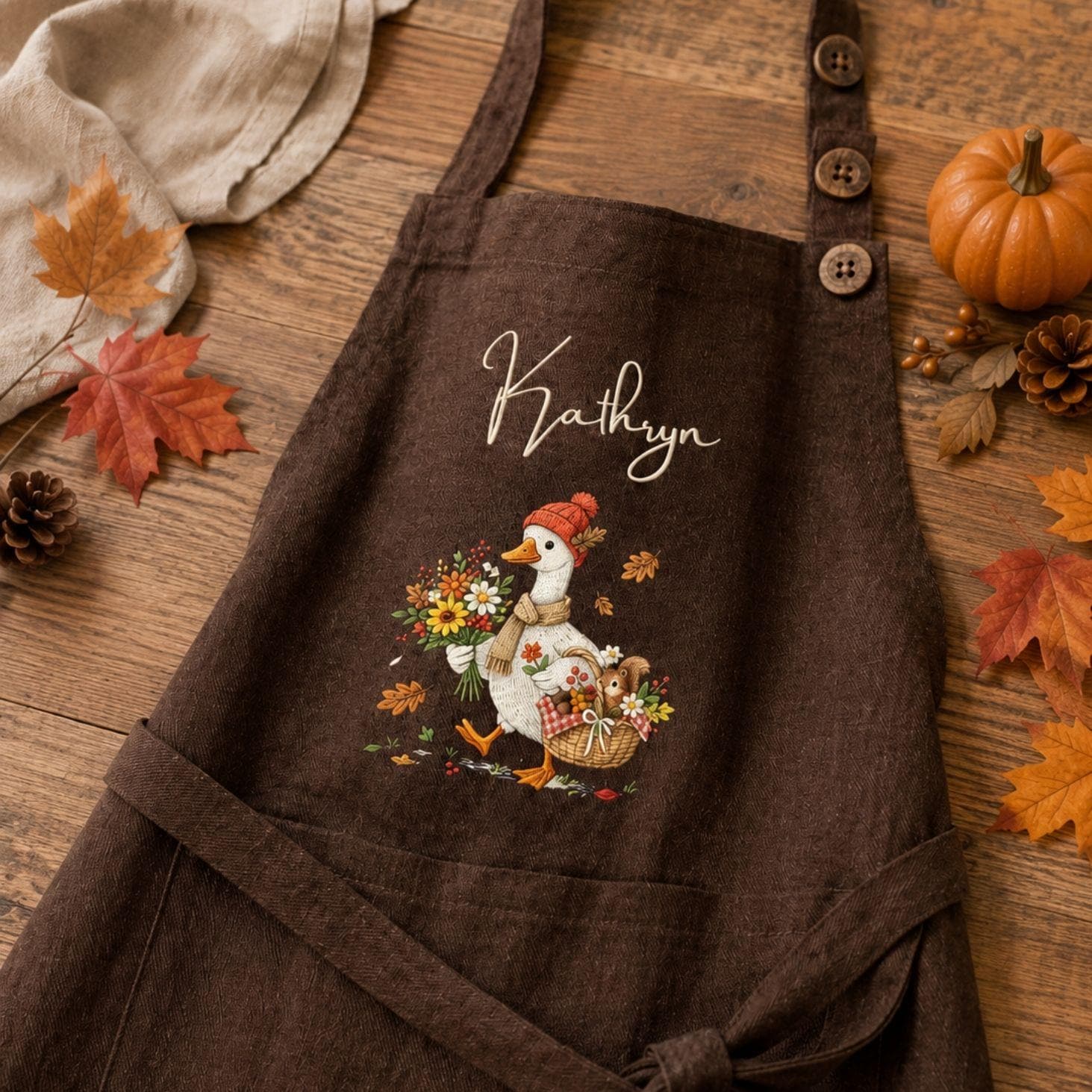 Silly Goose Autumn Floral Embroidered Linen Apron – Custom Name Fall Apron
