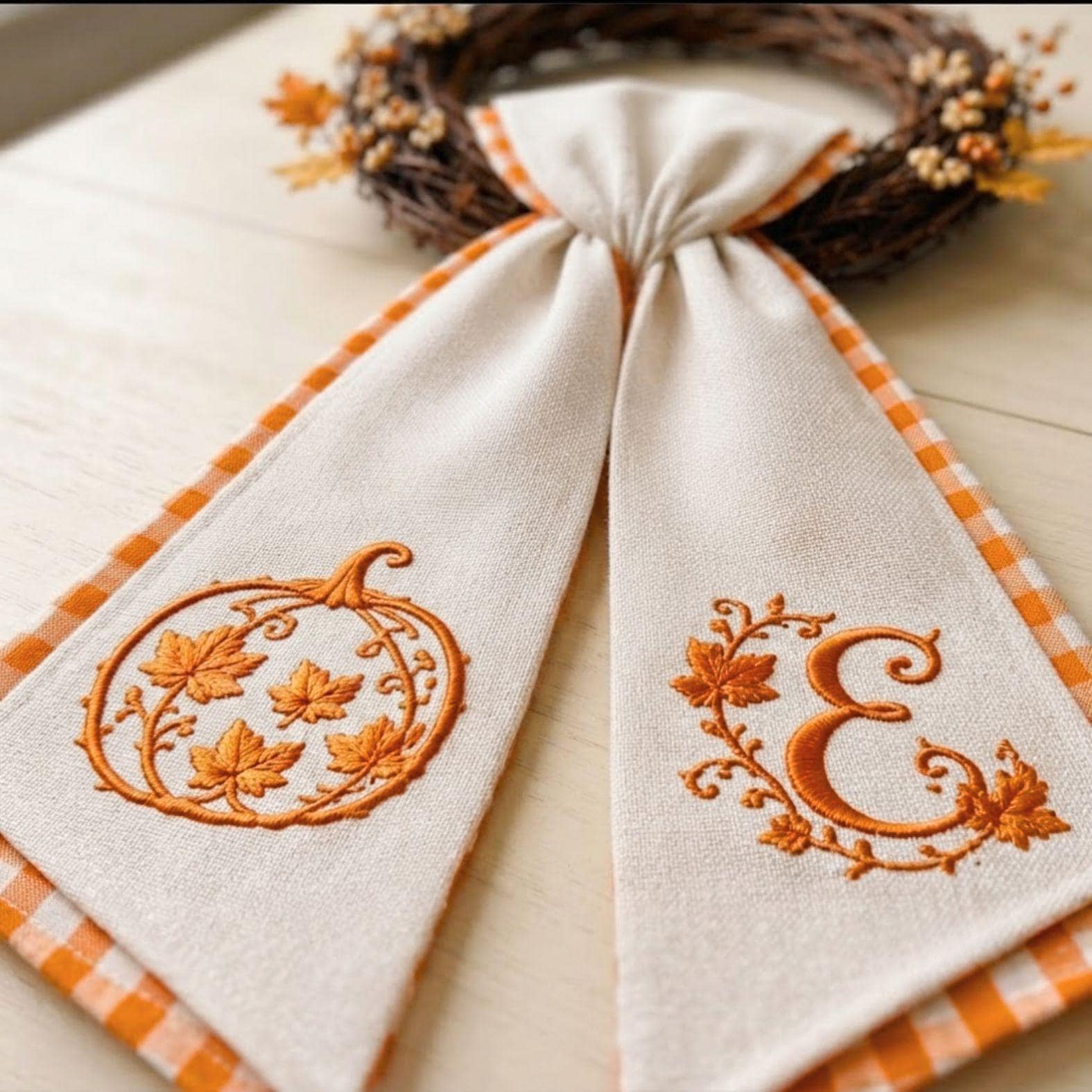 Autumn Pumpkin Wreath Sash – Custom Initial Ribbon Thanksgiving Door Decor