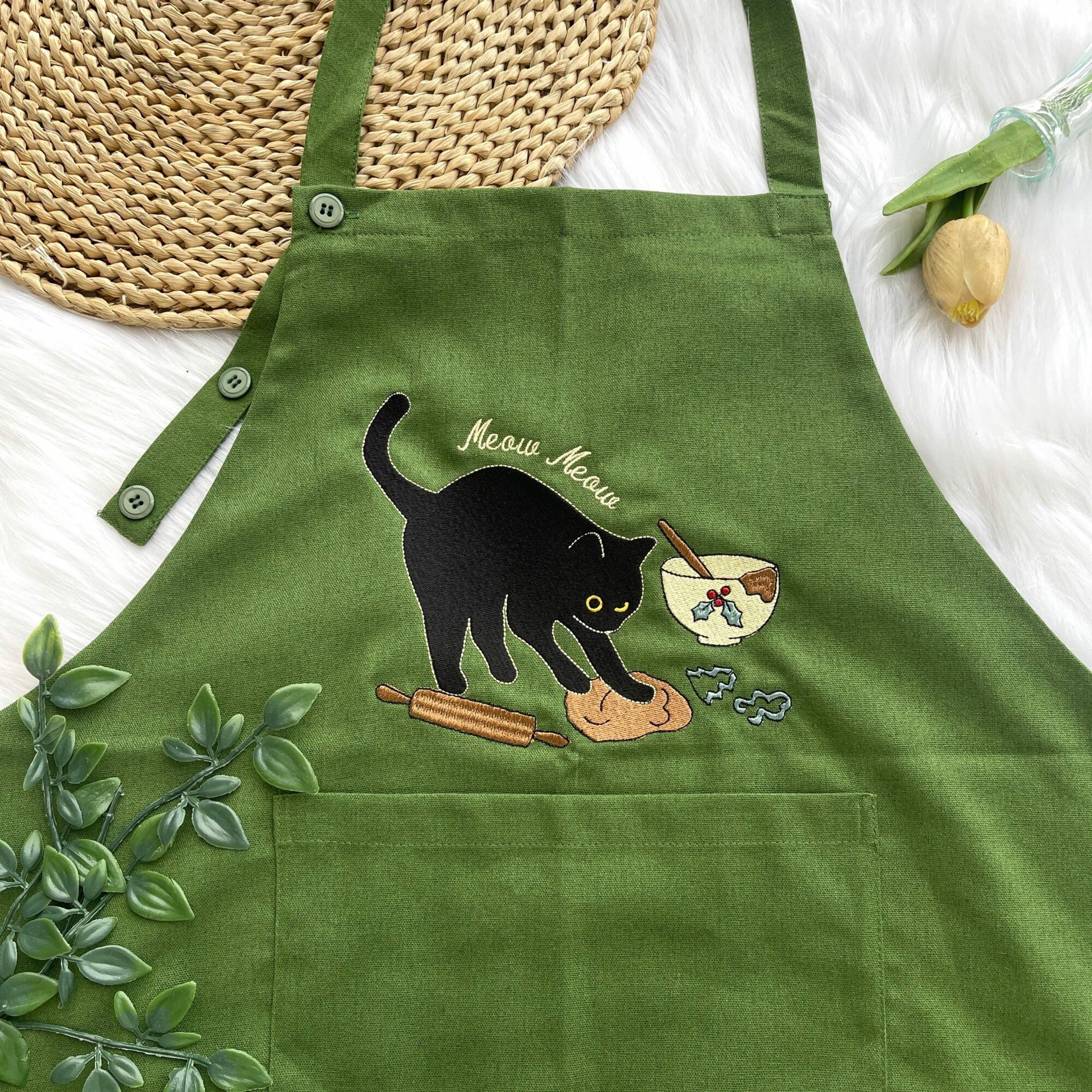 Black Cat Baking Embroidered Apron – Custom Name Kitchen Gift