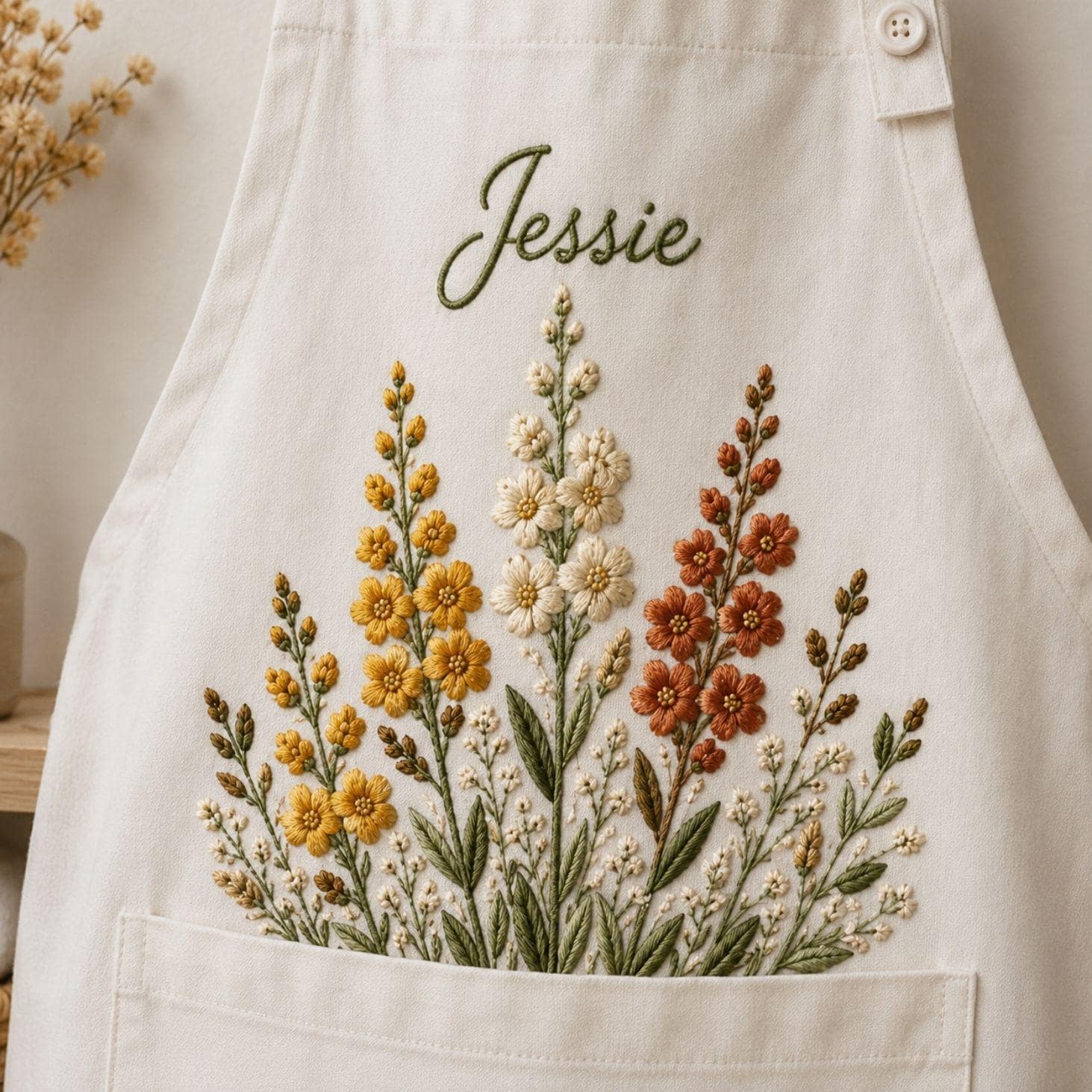 Snapdragon Autumn Harvest Embroidered Linen Apron – Custom Name Garden Apron