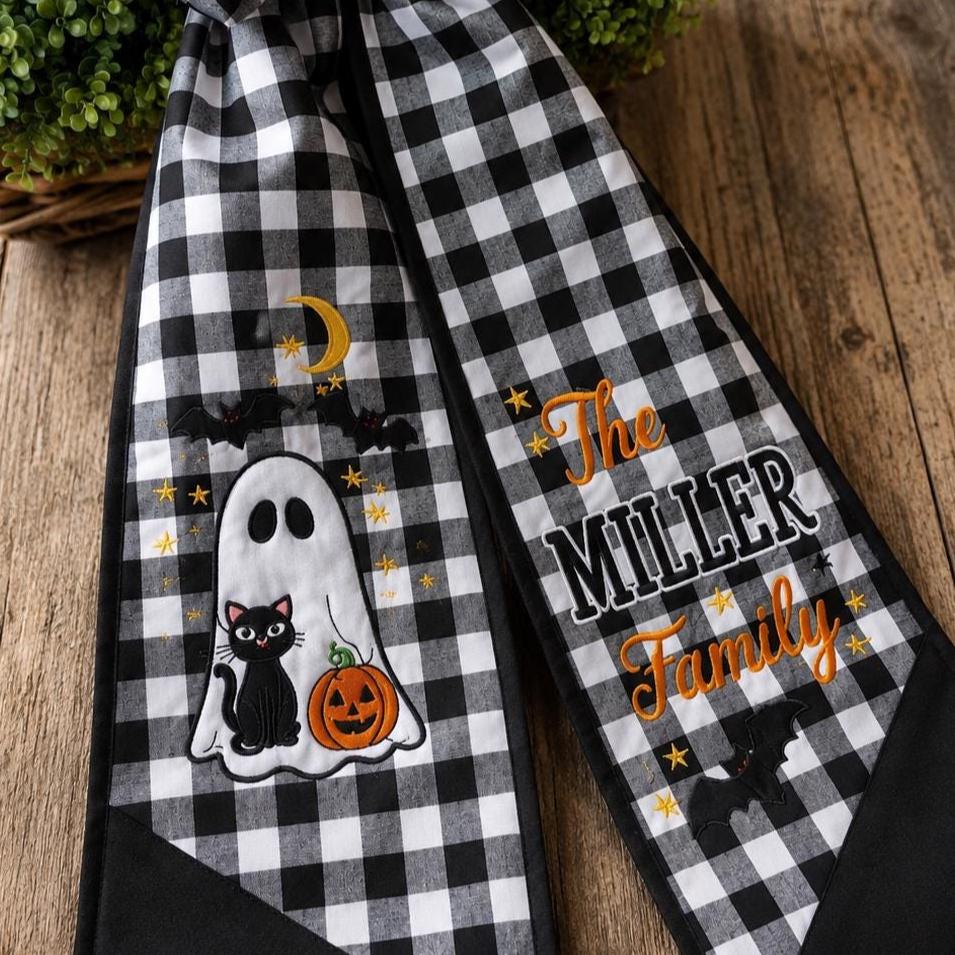 Halloween Ghost Wreath Sash – Custom Family Name Black Cat Pumpkin Door Decor